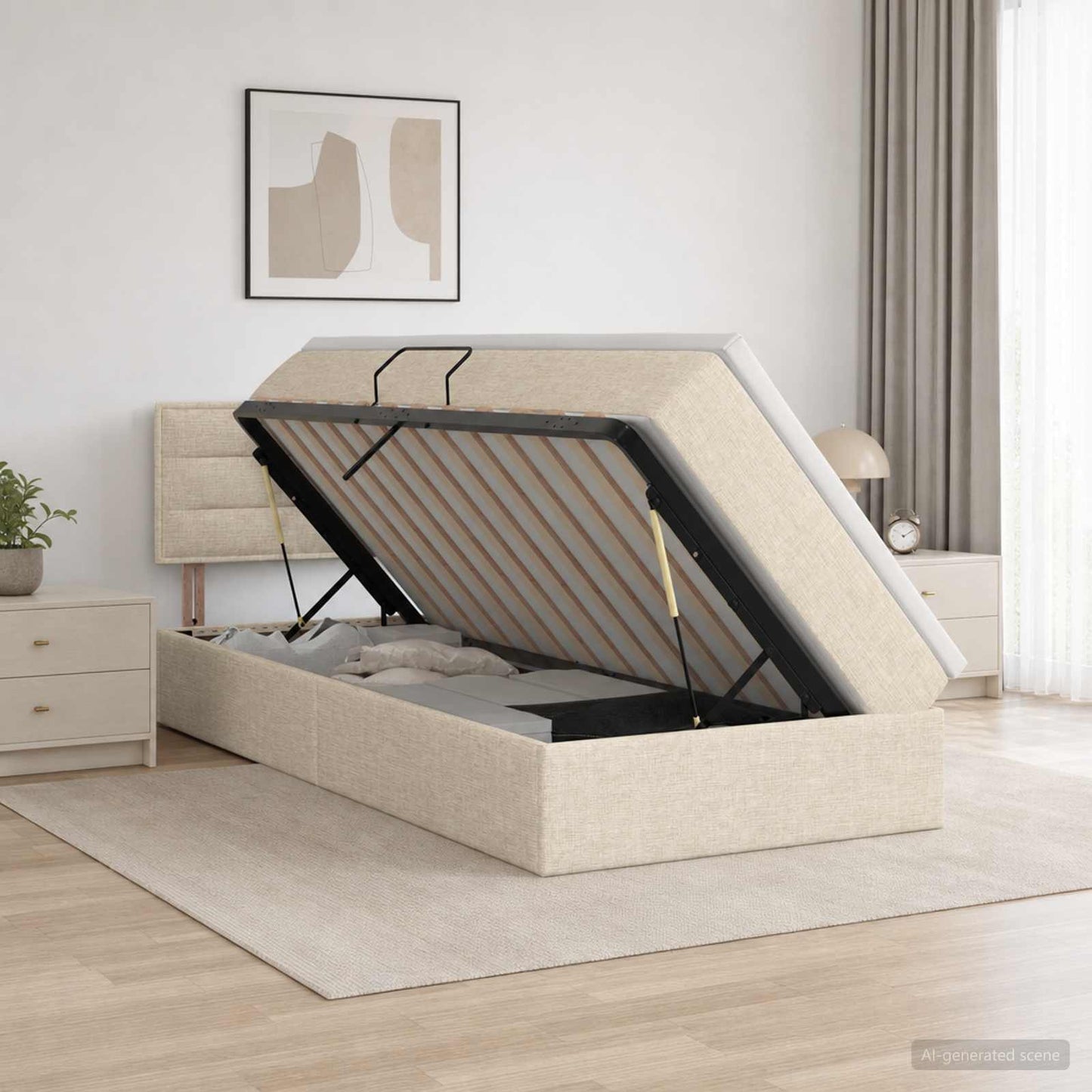 LED tárolós ágy matraccal Krémszínű 100 x 200 cm Szövet