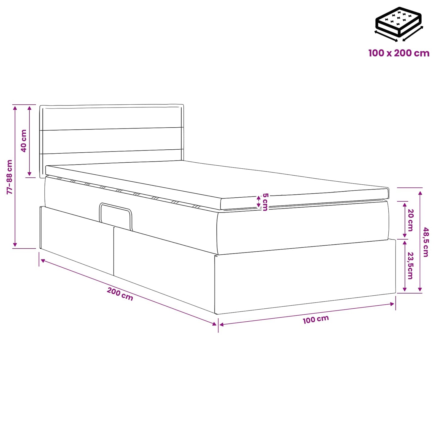 Ágy tárolóval és matraccal Krémszínű 100 x 200 cm Bársony