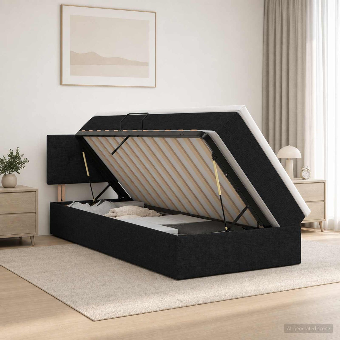LED tárolós ágy matraccal Fekete 90 x 190 cm Szövet