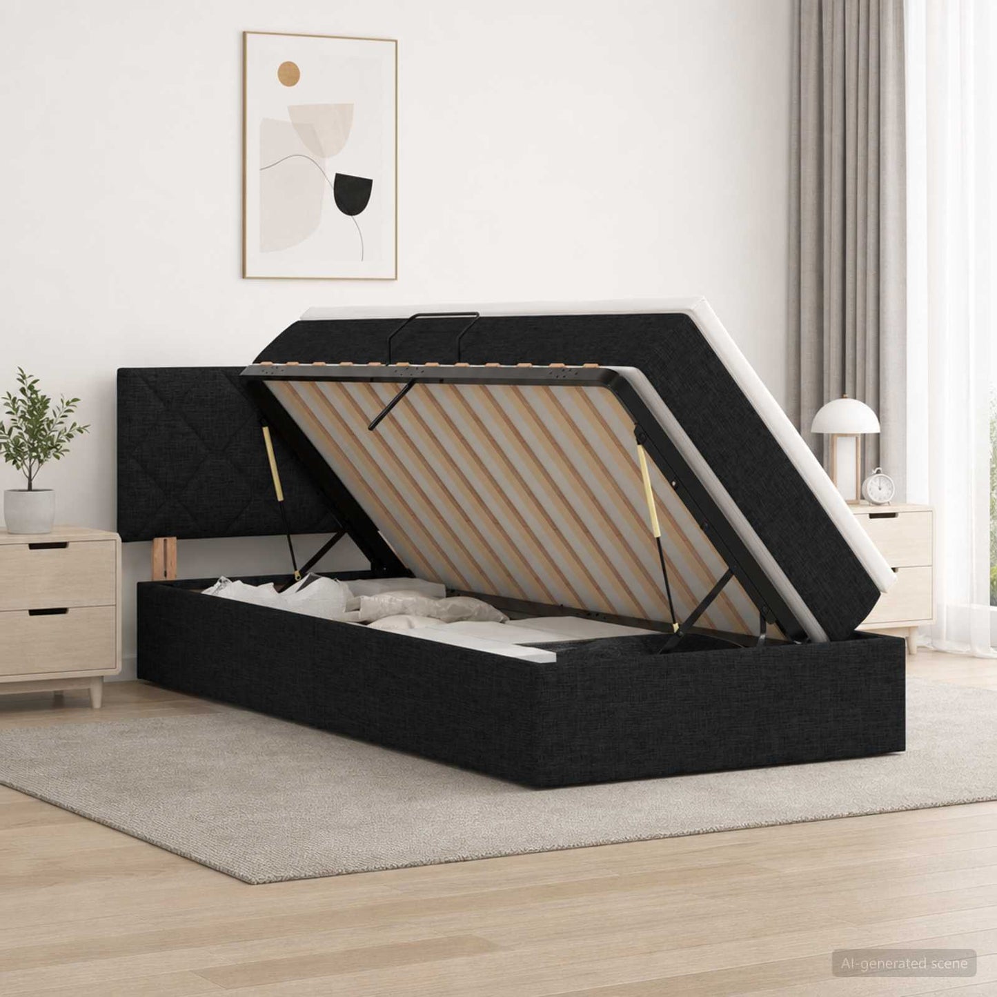 LED tárolós ágy matraccal Fekete 90 x 190 cm Szövet