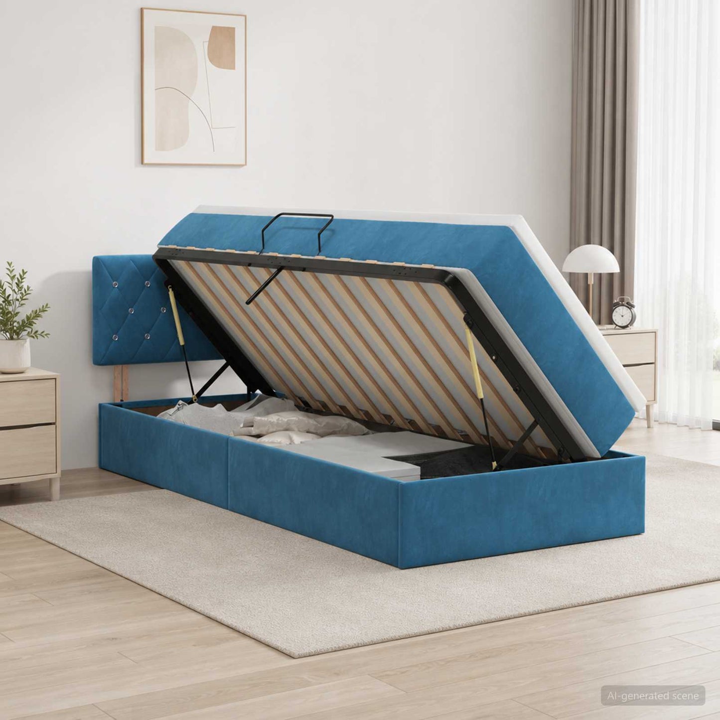 LED tárolós ágy matraccal Sötét kék 90 x 190 cm Bársony