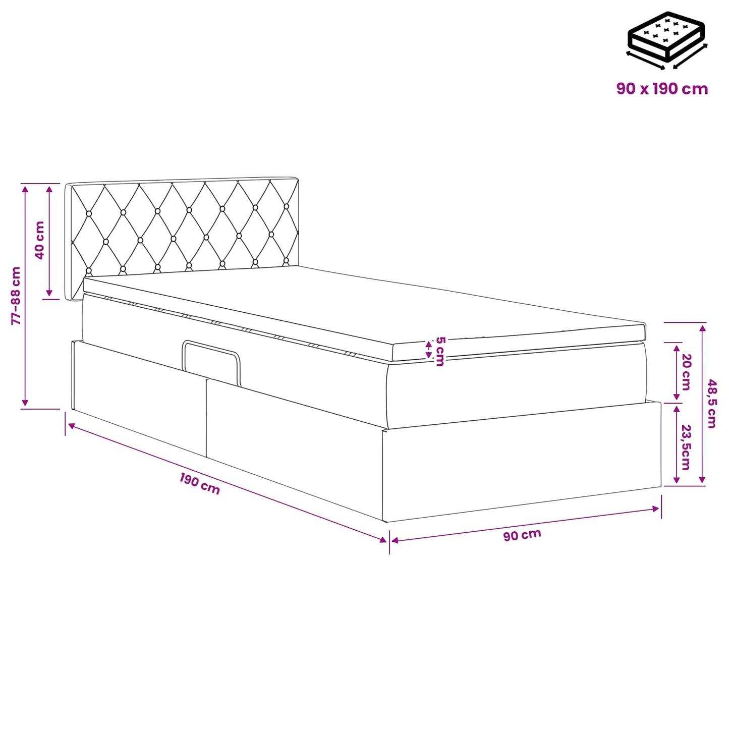 Tárolós Ágy fejtámlával Sötét kék 90 x 190 cm Bársony