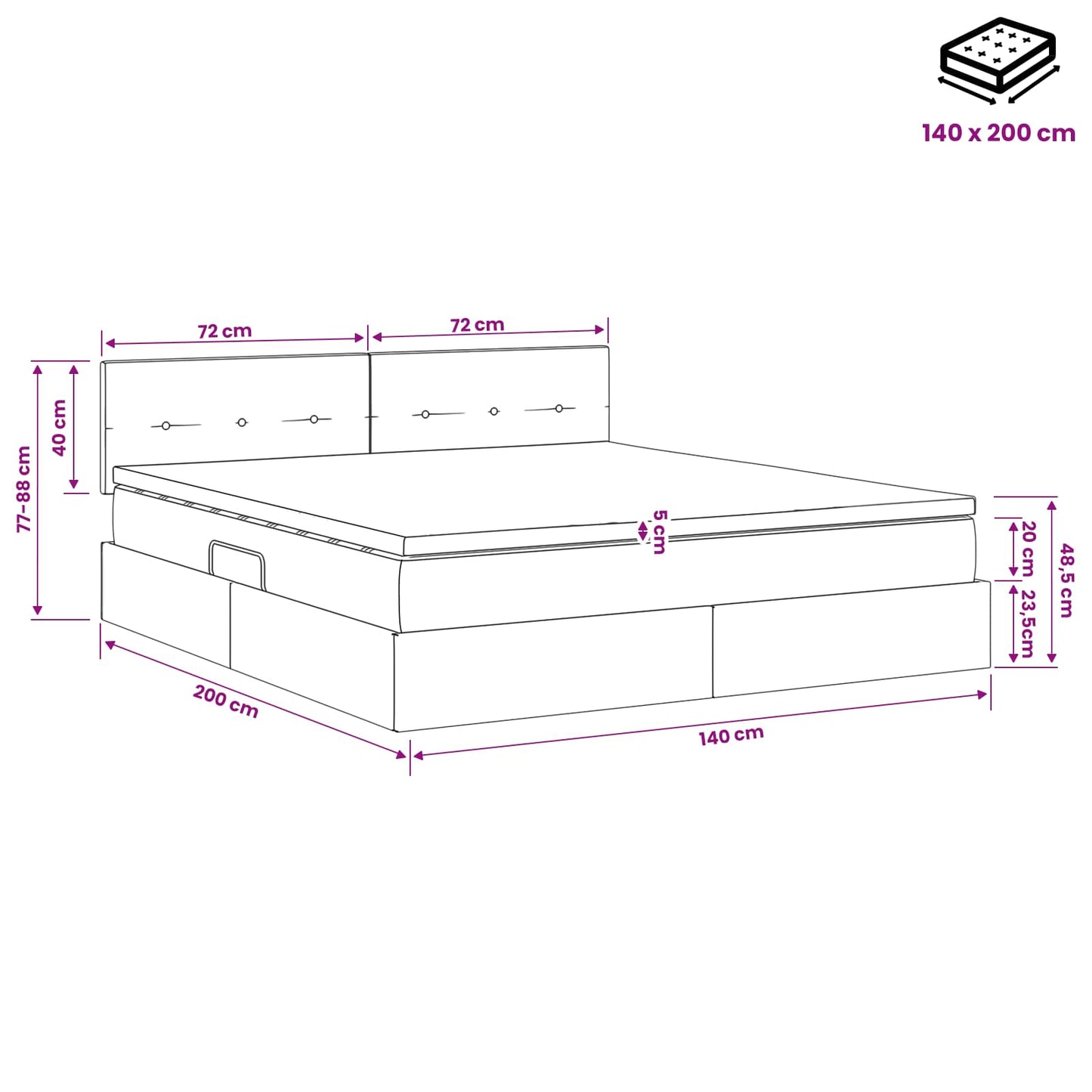 Tárolós Ágy fejtámlával Fekete 140 x 200 cm Bársony