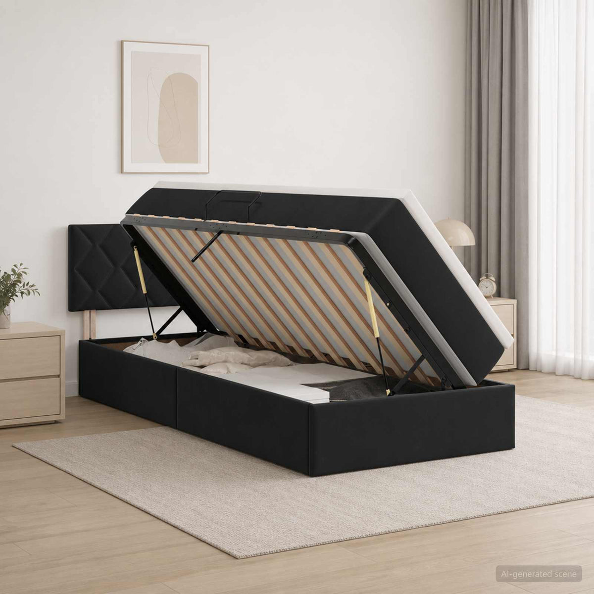 LED tárolós ágy matraccal Fekete 90 x 190 cm Bársony