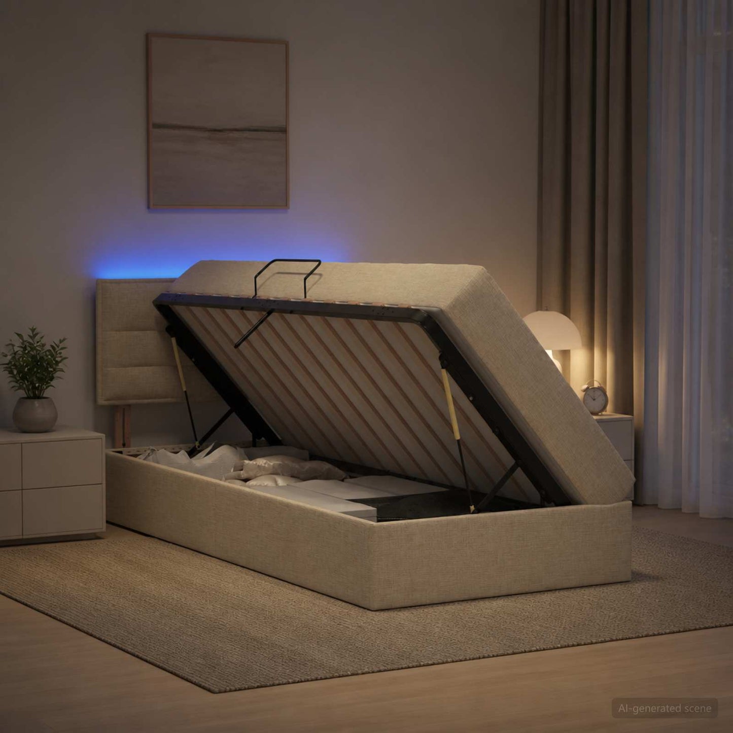 LED tárolós ágy matraccal Krémszínű 100 x 200 cm Szövet
