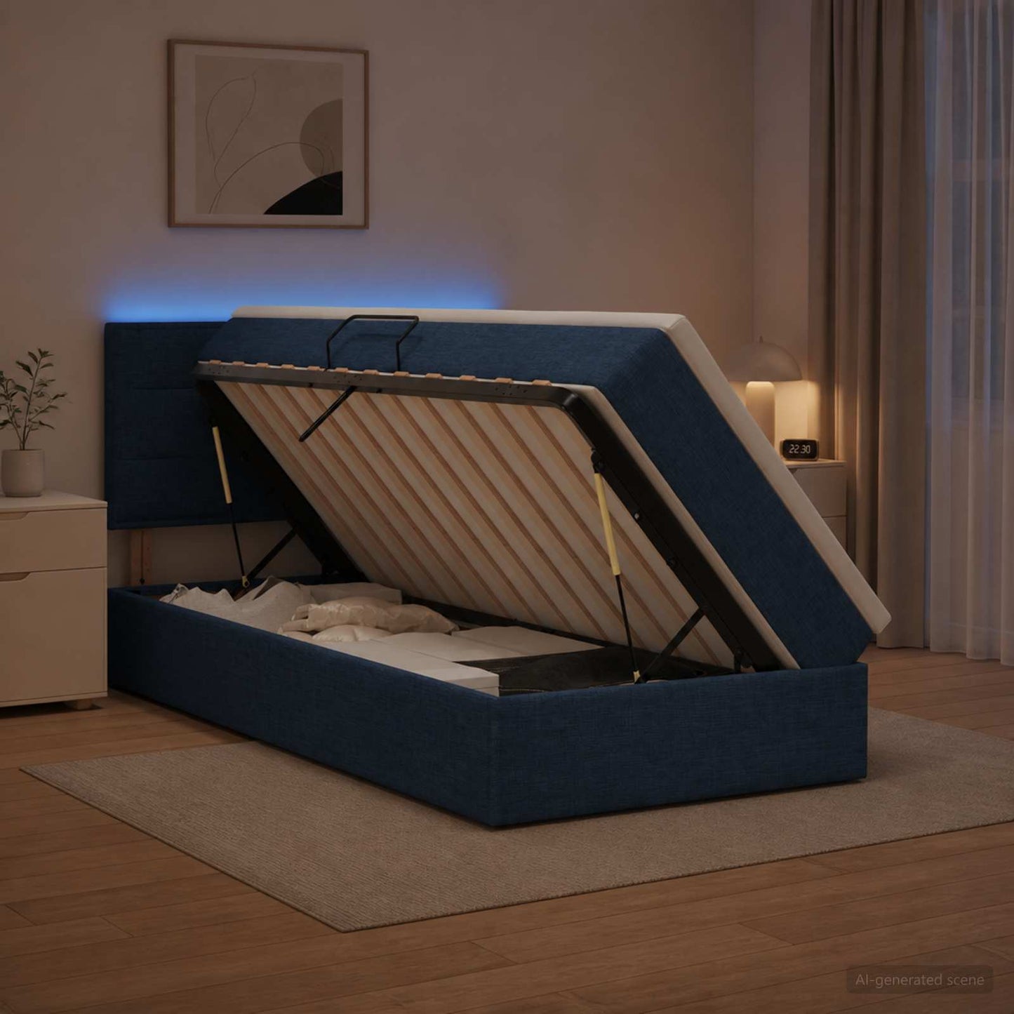 LED tárolós ágy matraccal Kék 100 x 200 cm Szövet