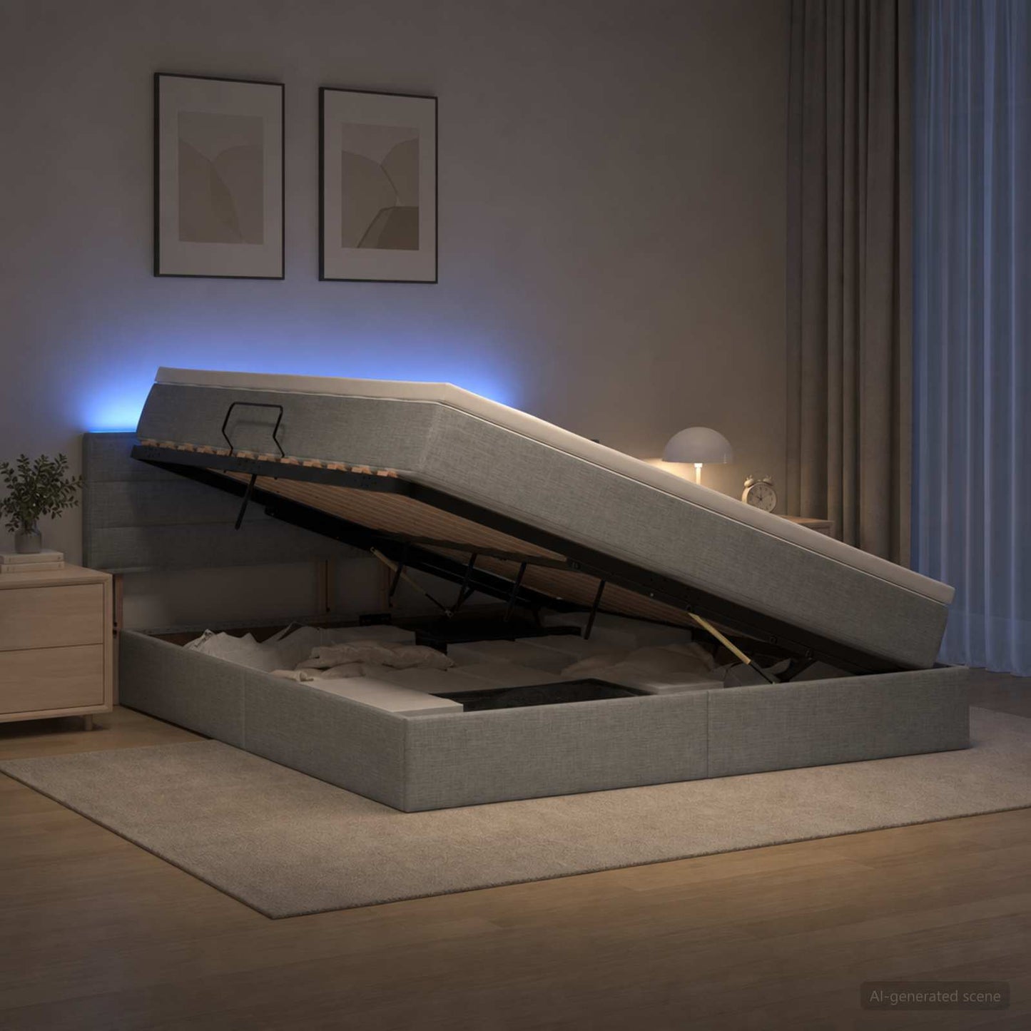 LED tárolós ágy matraccal Világosszürke 140 x 190 cm Szövet