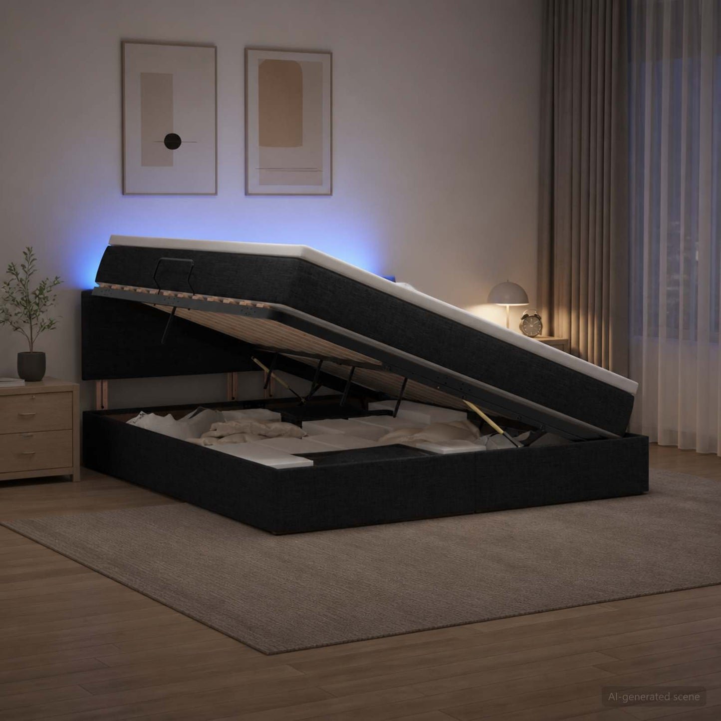 LED tárolós ágy matraccal Fekete 180 x 200 cm Szövet