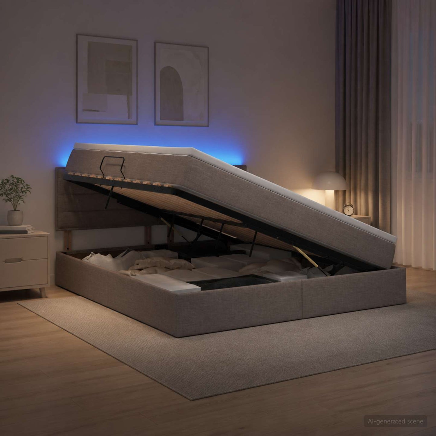 LED tárolós ágy matraccal Tópszínű 140 x 200 cm Szövet
