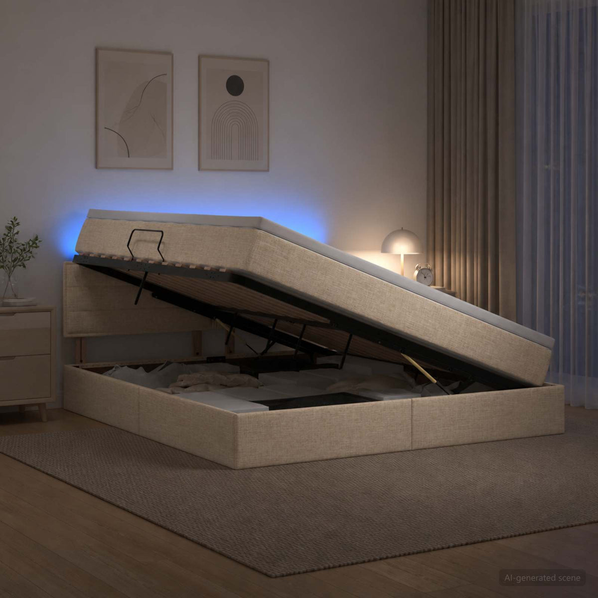 LED tárolós ágy matraccal Krémszínű 140 x 200 cm Szövet
