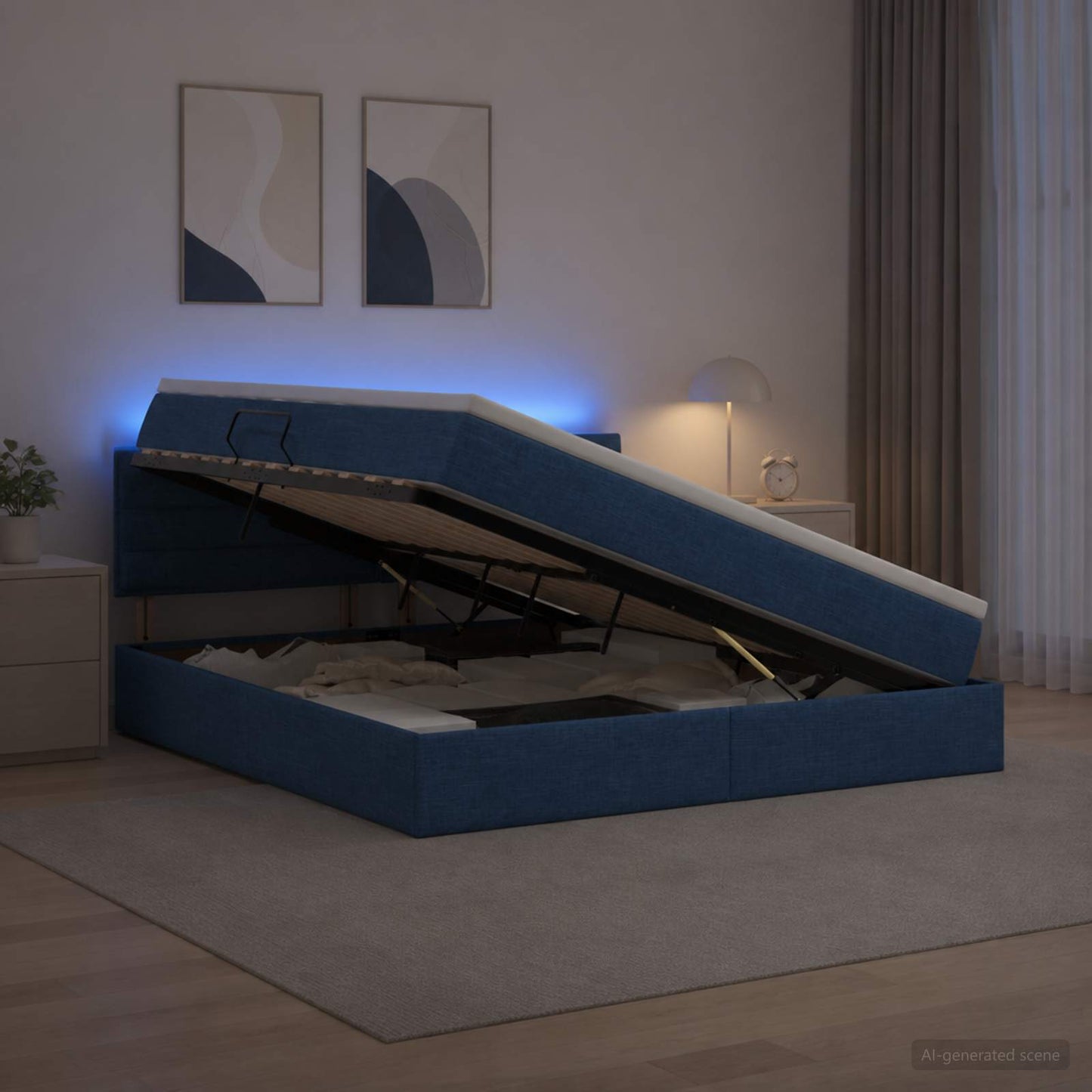 LED tárolós ágy matraccal Kék 180 x 200 cm Szövet