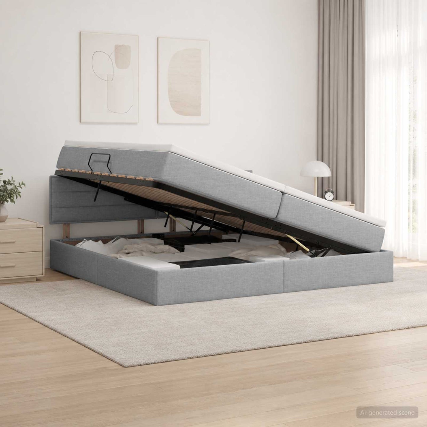 LED tárolós ágy matraccal Világosszürke 200 x 200 cm Szövet