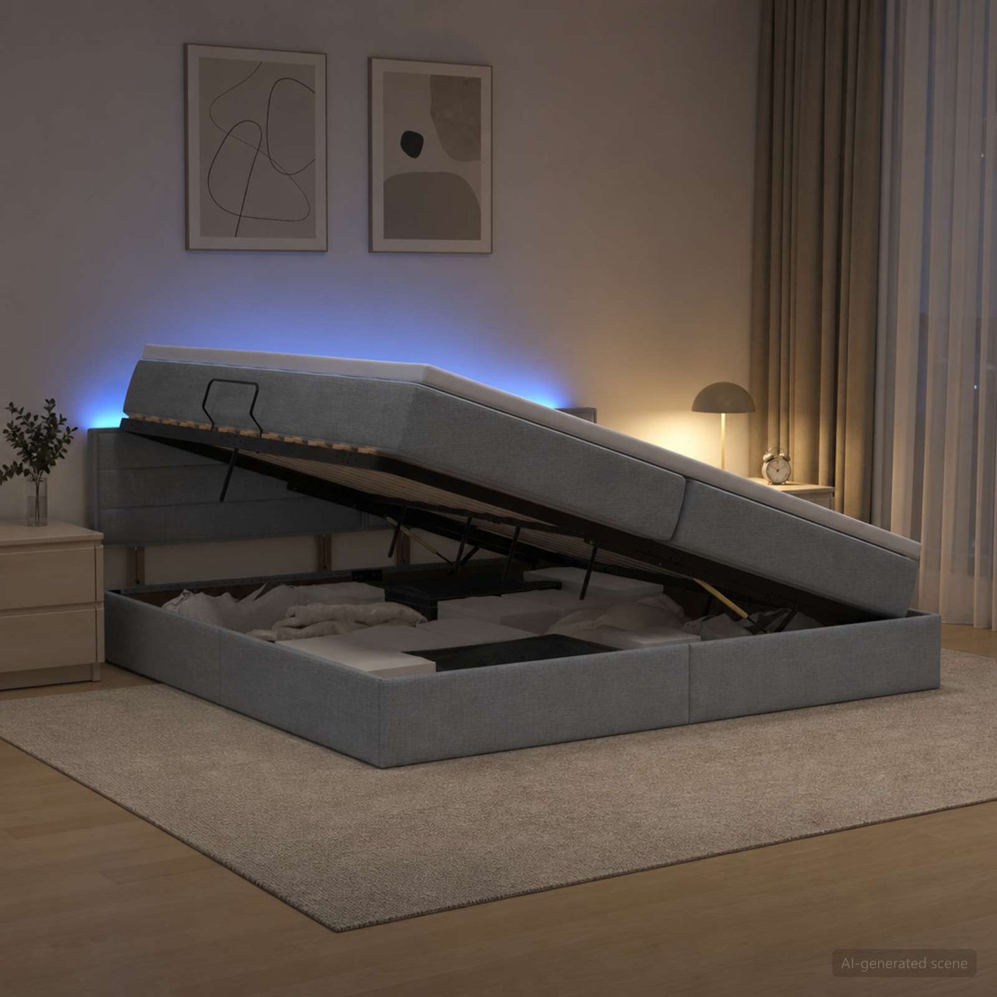 LED tárolós ágy matraccal Világosszürke 200 x 200 cm Szövet
