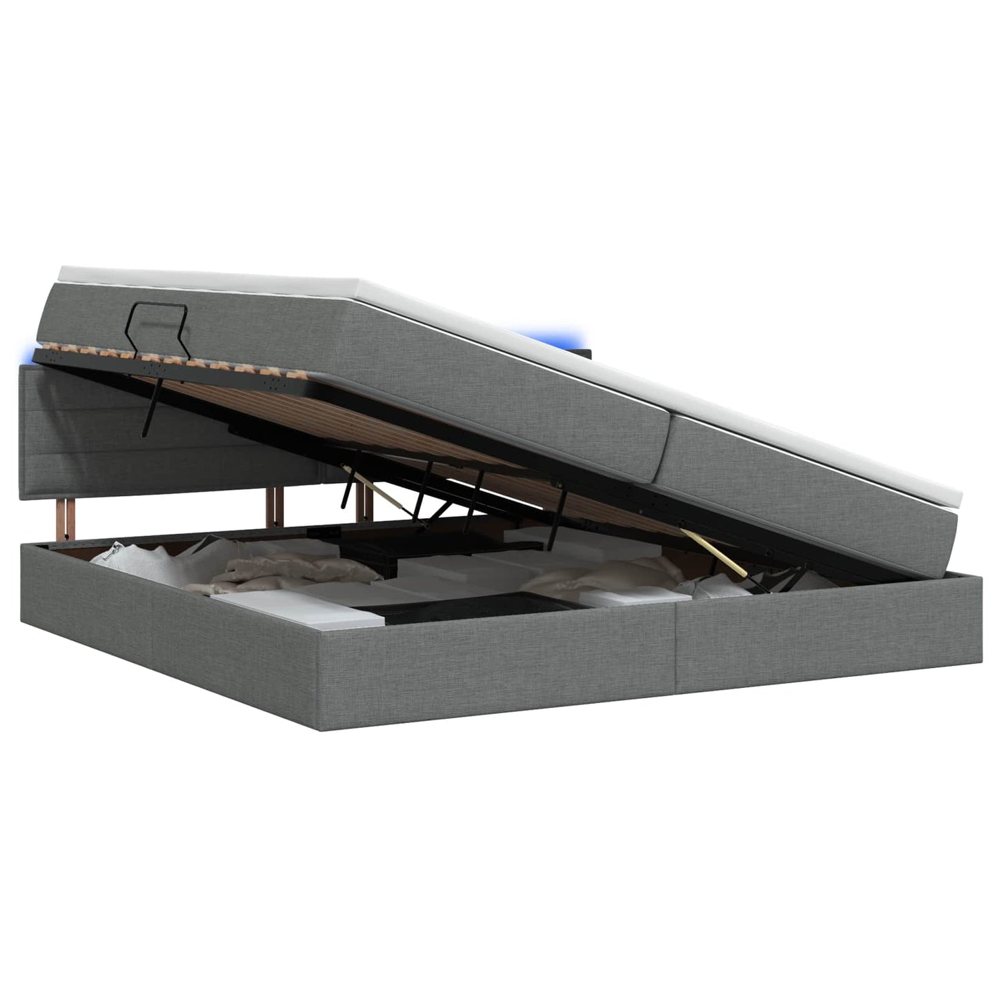 LED tárolós ágy matraccal Sötétszürke 200 x 200 cm Szövet