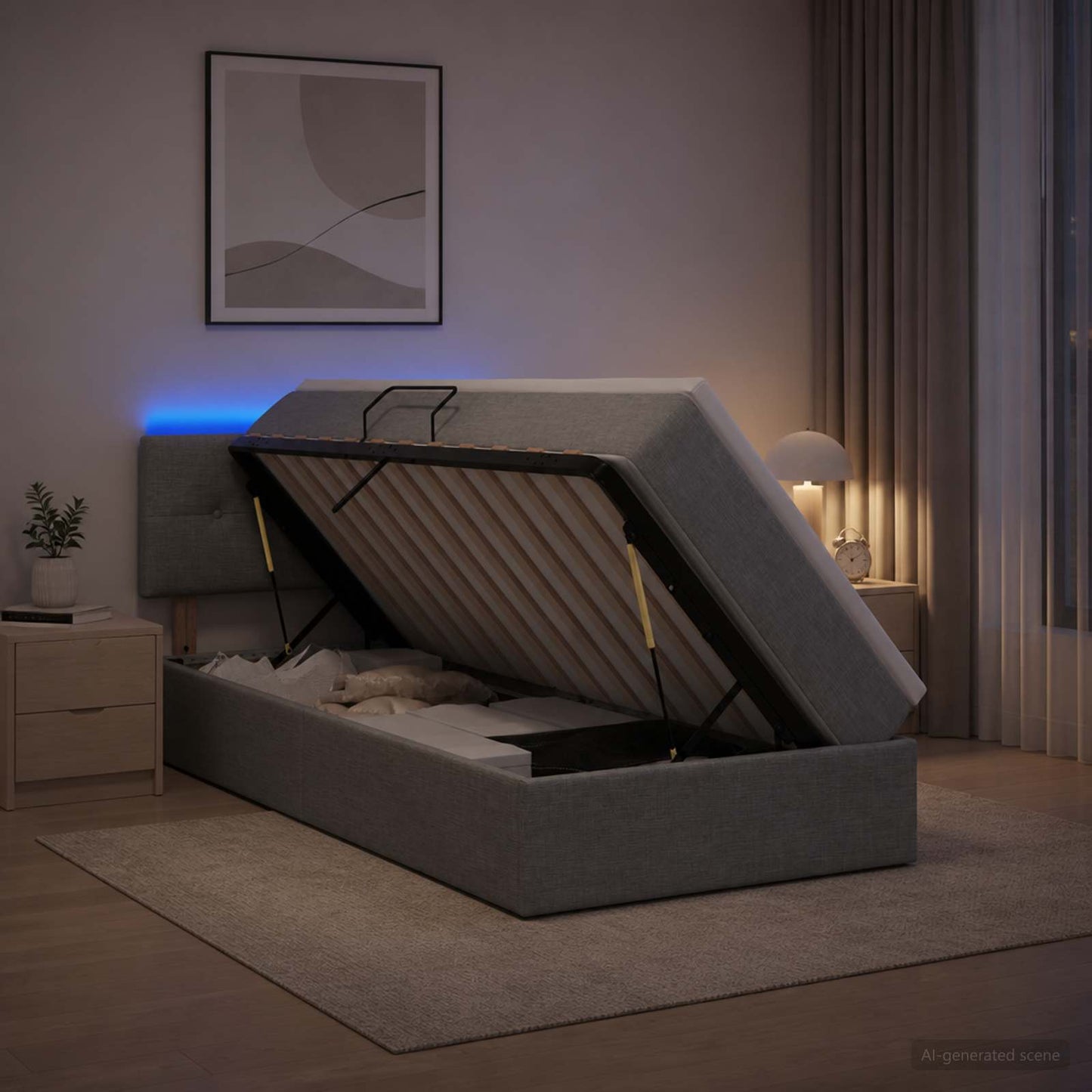 LED tárolós ágy matraccal Világosszürke 100 x 200 cm Szövet