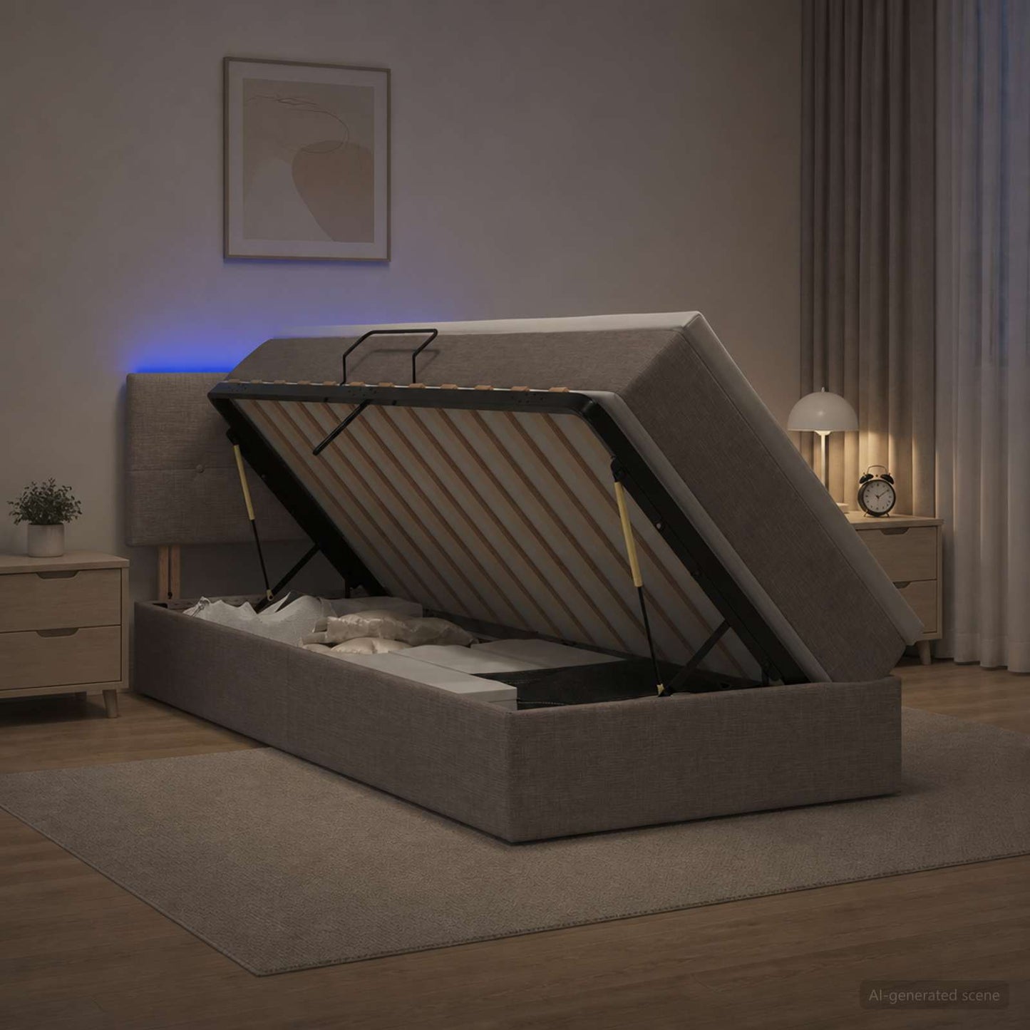 LED tárolós ágy matraccal Tópszínű 90 x 200 cm Szövet