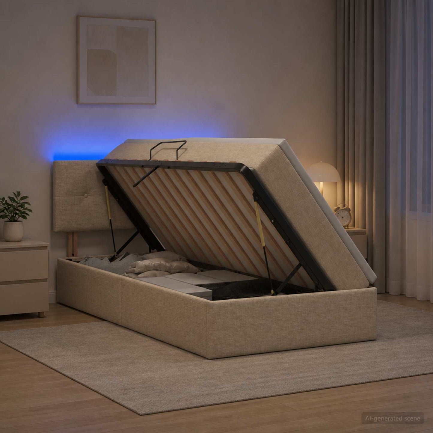 LED tárolós ágy matraccal Krémszínű 90 x 200 cm Szövet