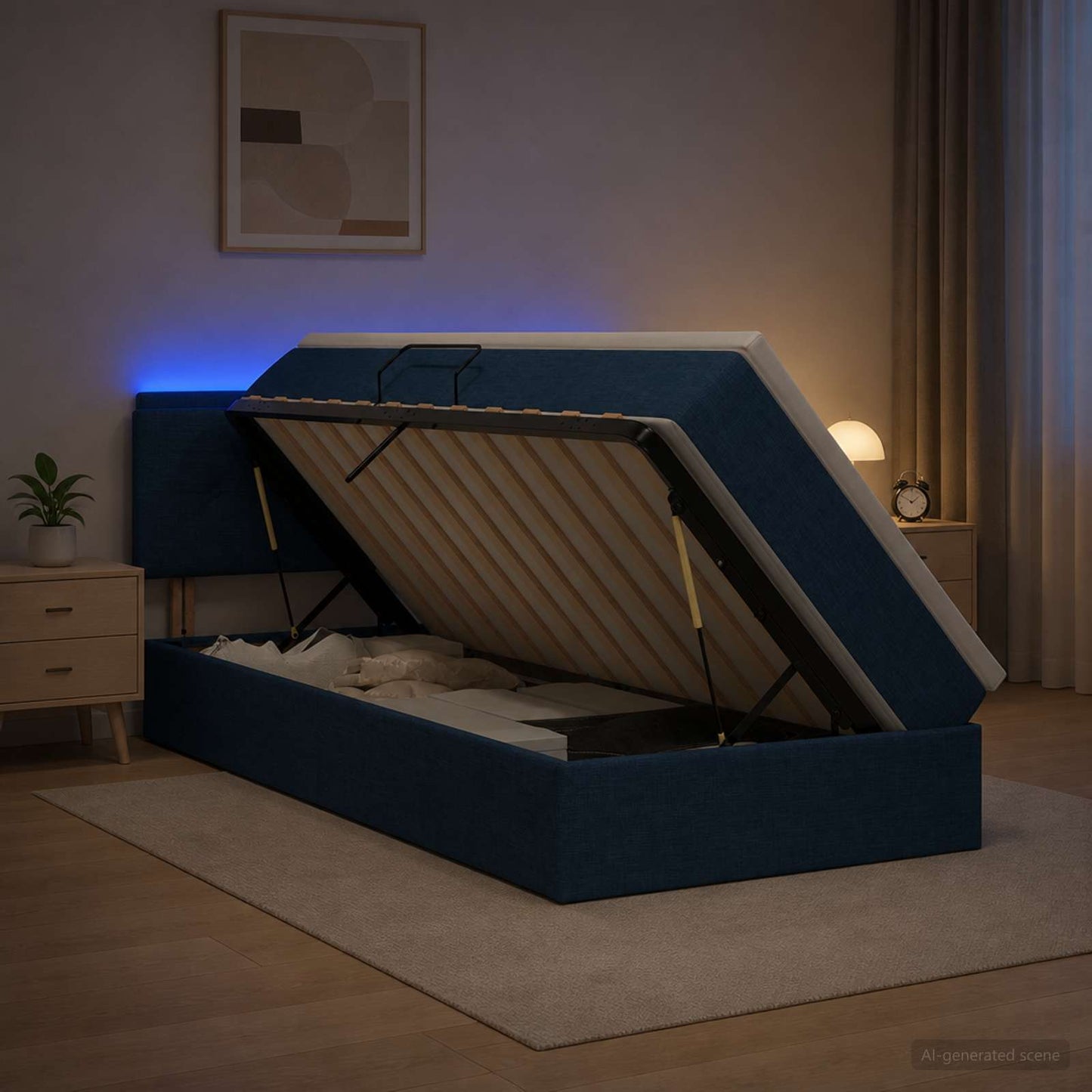 LED tárolós ágy matraccal Kék 90 x 200 cm Szövet