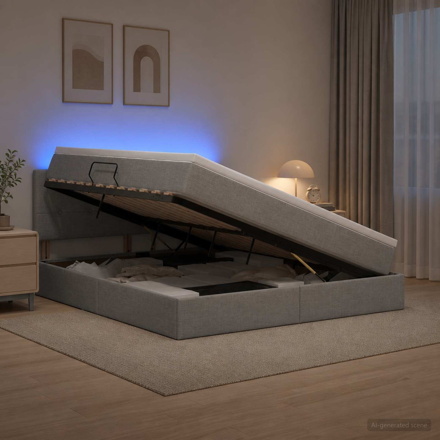 LED tárolós ágy matraccal Világosszürke 140 x 190 cm Szövet