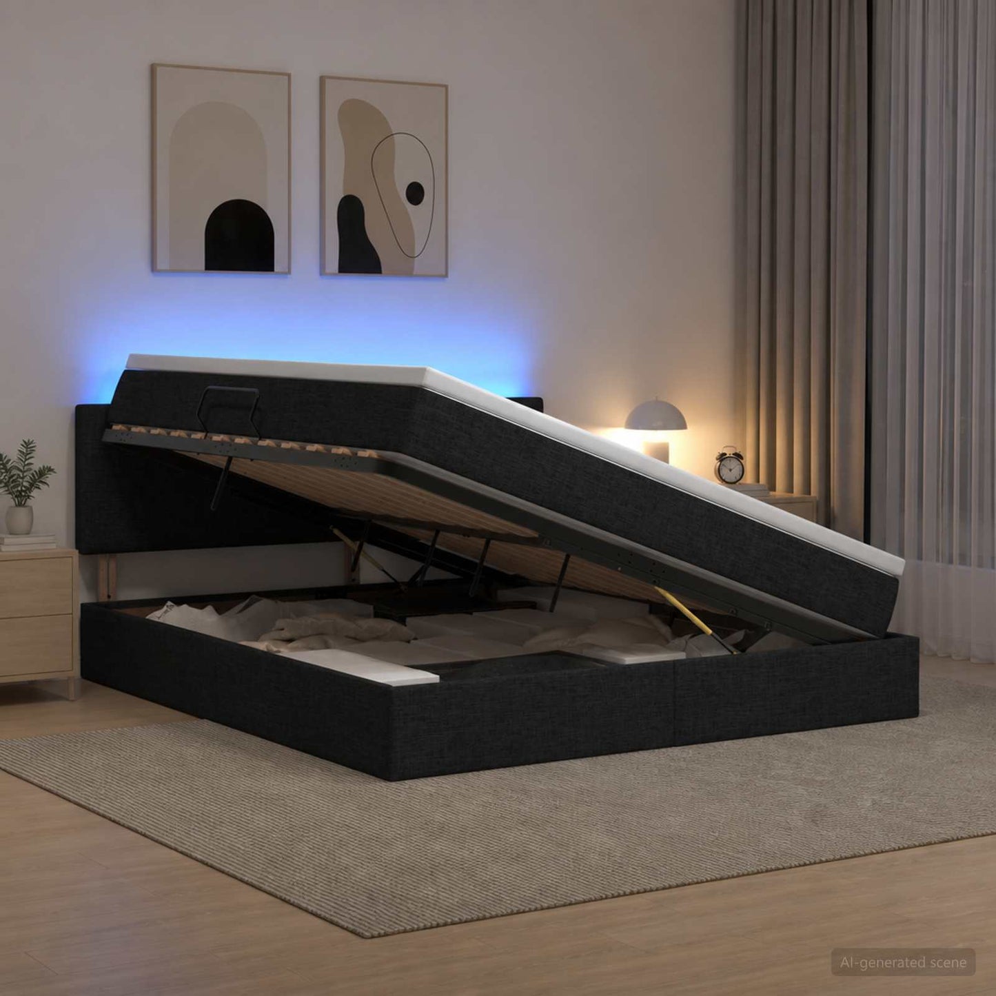 LED tárolós ágy matraccal Fekete 180 x 200 cm Szövet