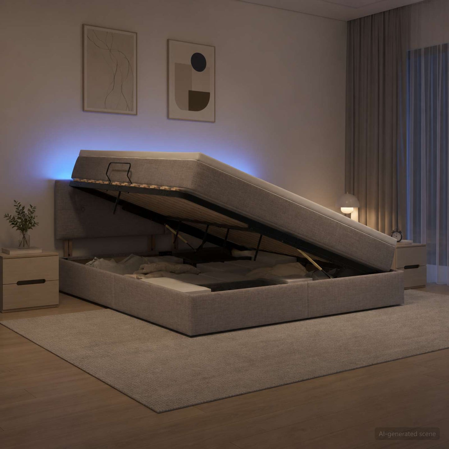 LED tárolós ágy matraccal Tópszínű 140 x 200 cm Szövet