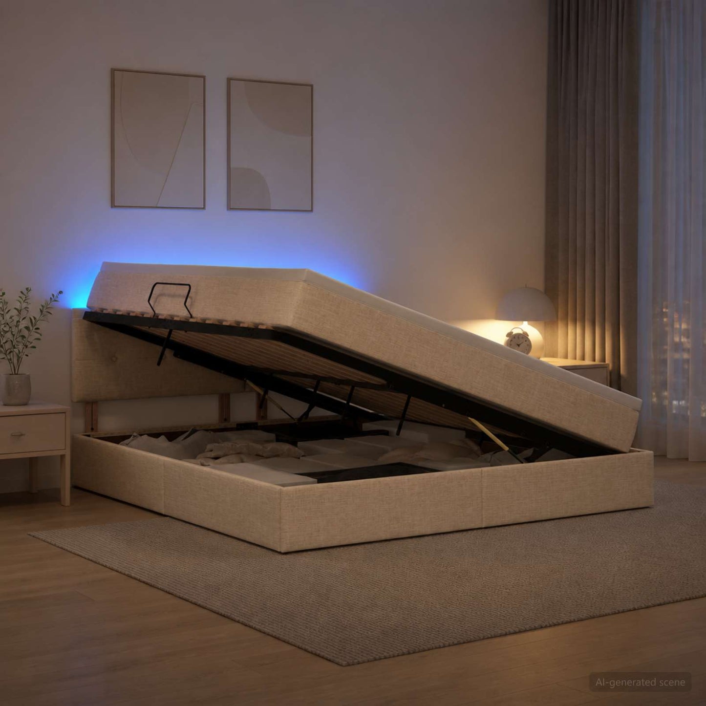 LED tárolós ágy matraccal Krémszínű 140 x 200 cm Szövet