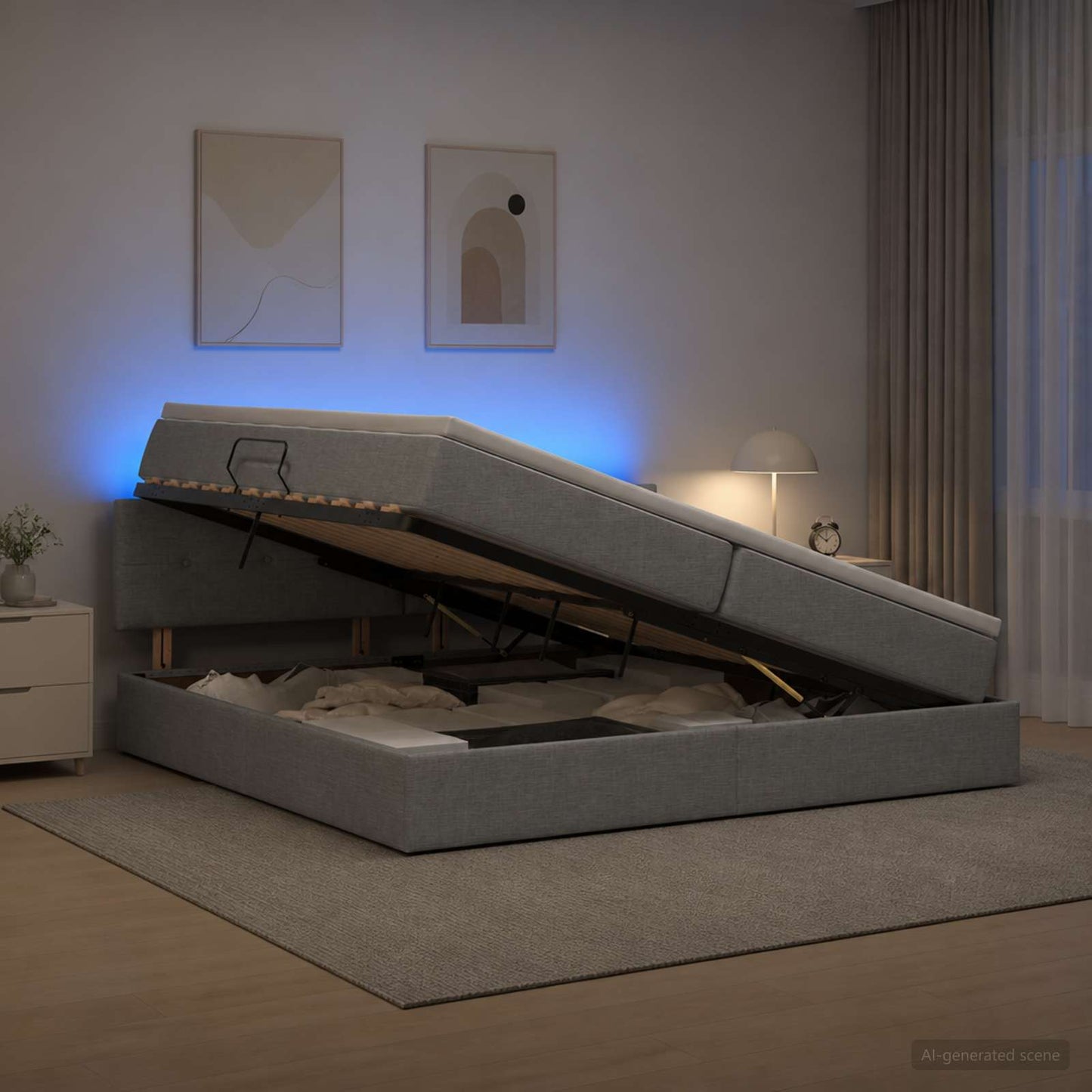 LED tárolós ágy matraccal Világosszürke 200 x 200 cm Szövet