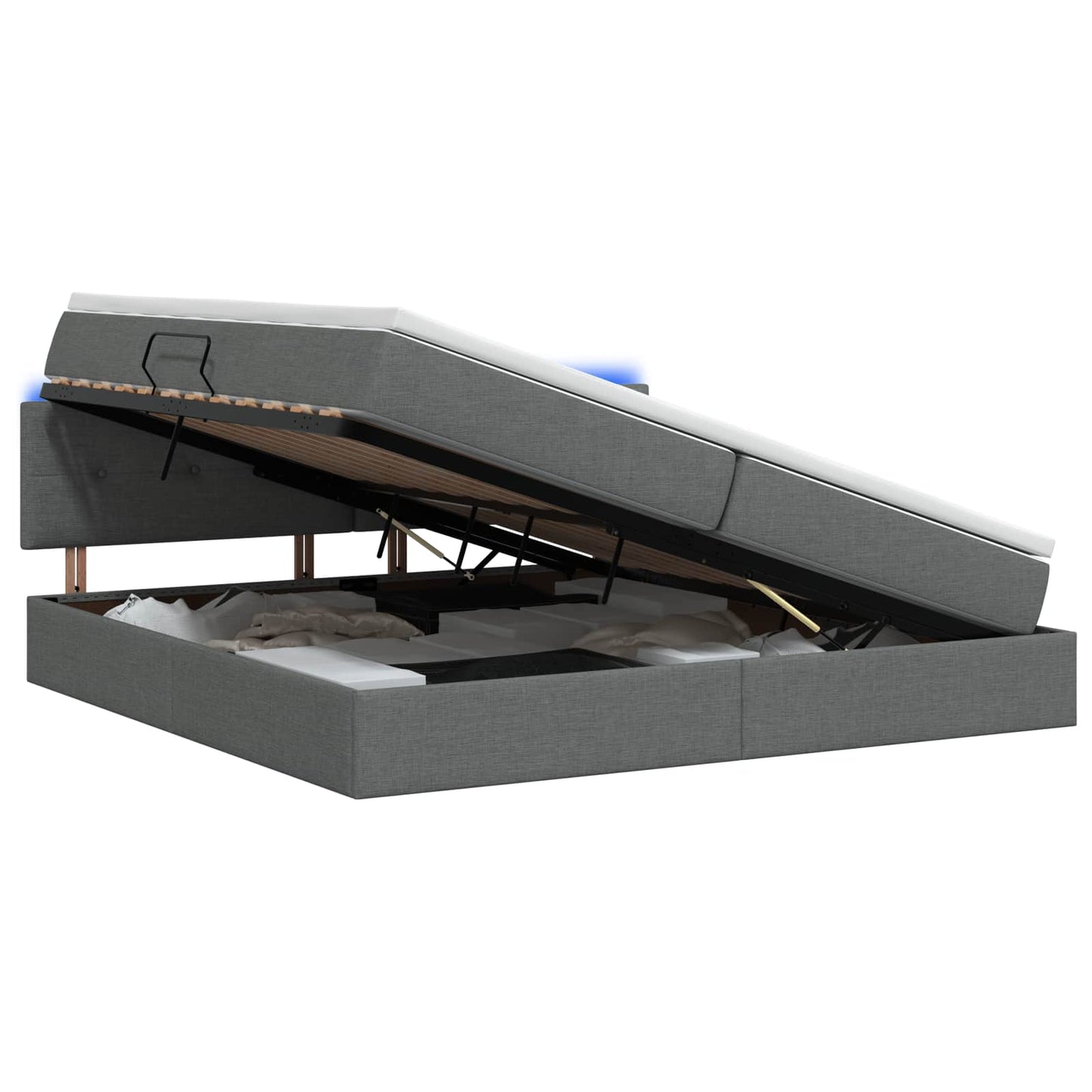 LED tárolós ágy matraccal Sötétszürke 200 x 200 cm Szövet