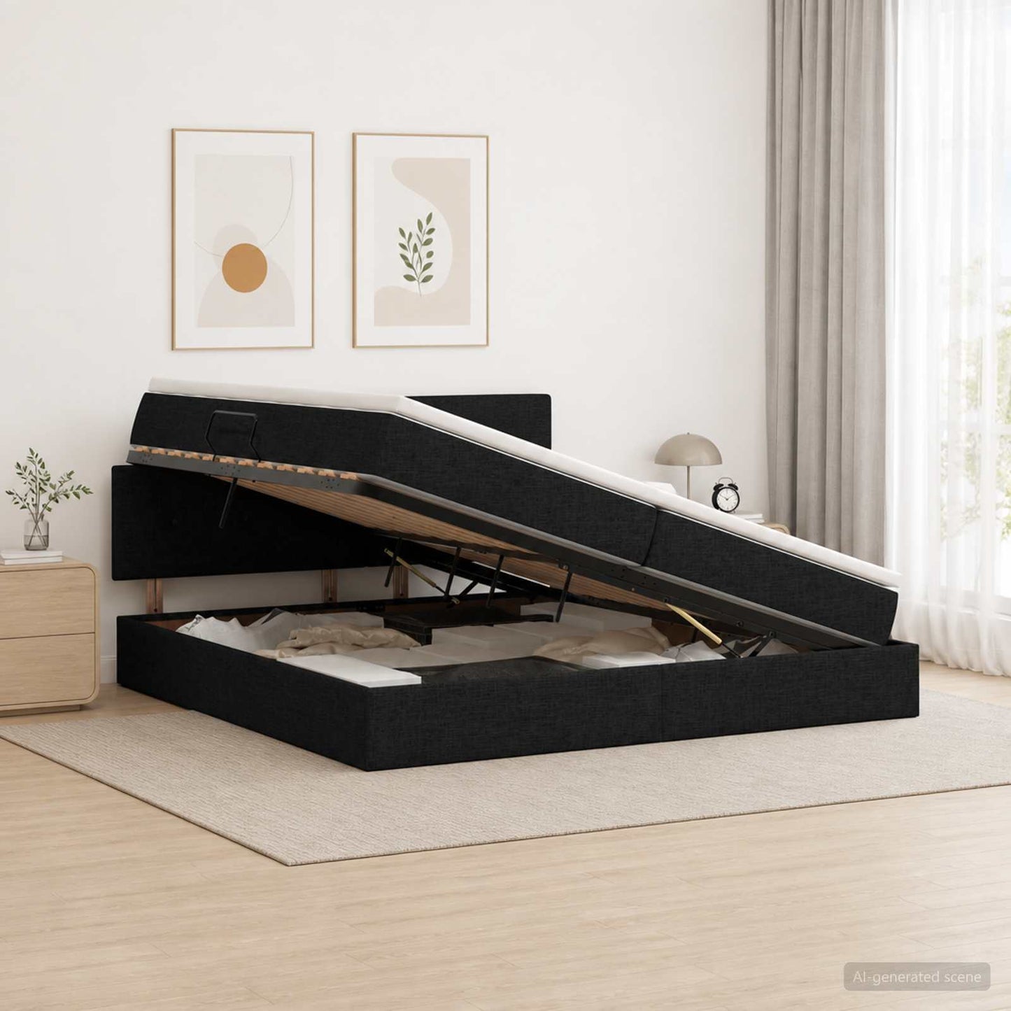 LED tárolós ágy matraccal Fekete 200 x 200 cm Szövet