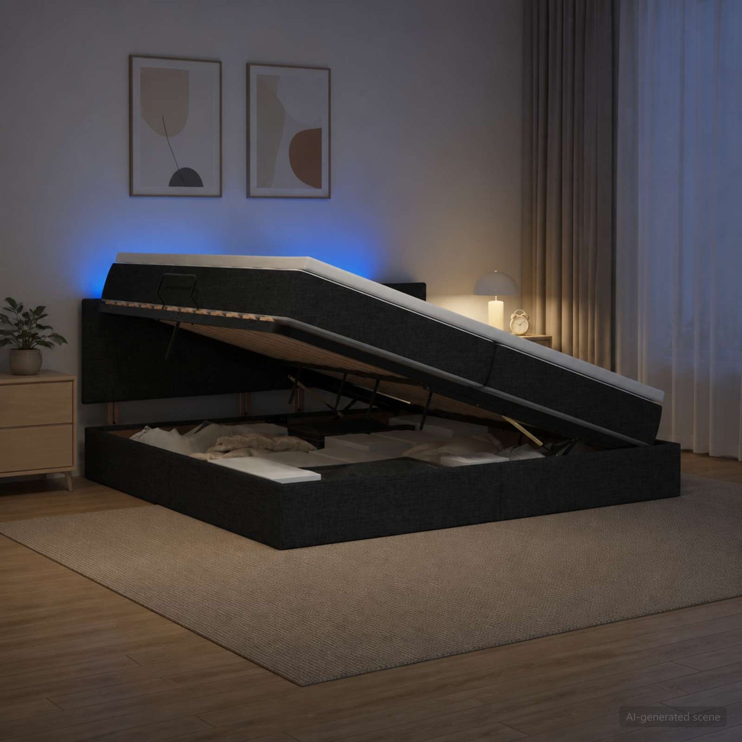 LED tárolós ágy matraccal Fekete 200 x 200 cm Szövet