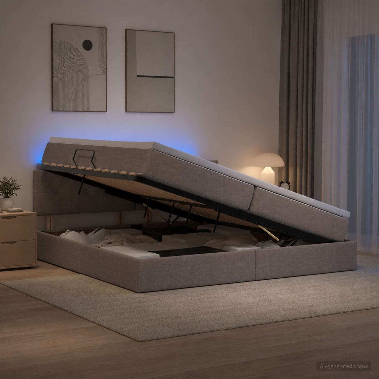 LED tárolós ágy matraccal Tópszínű 200 x 200 cm Szövet