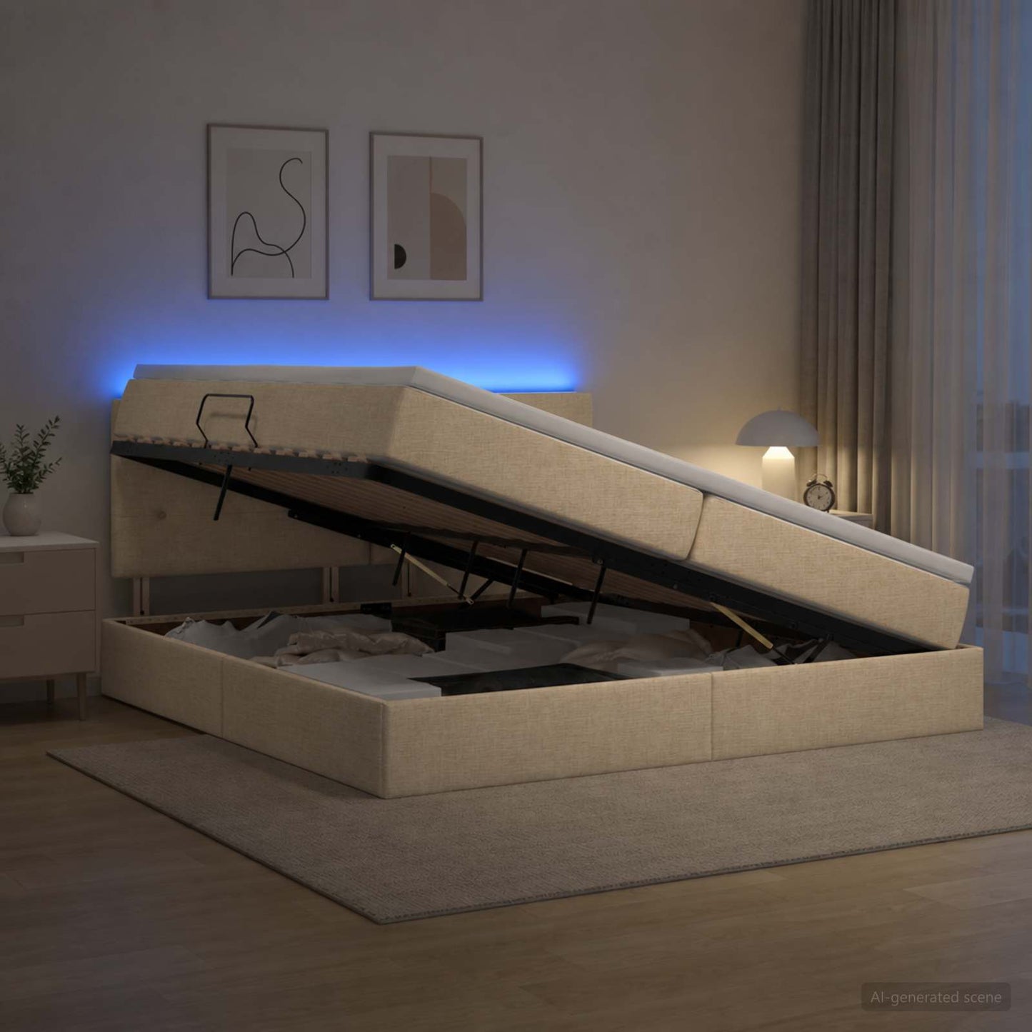 LED tárolós ágy matraccal Krémszínű 200 x 200 cm Szövet