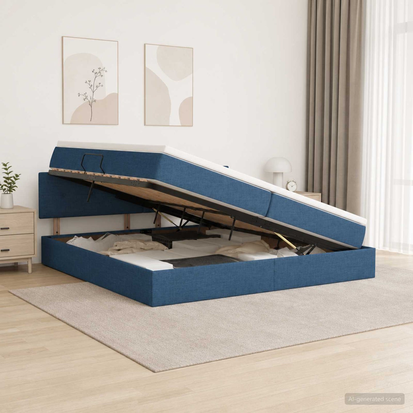 LED tárolós ágy matraccal Kék 200 x 200 cm Szövet