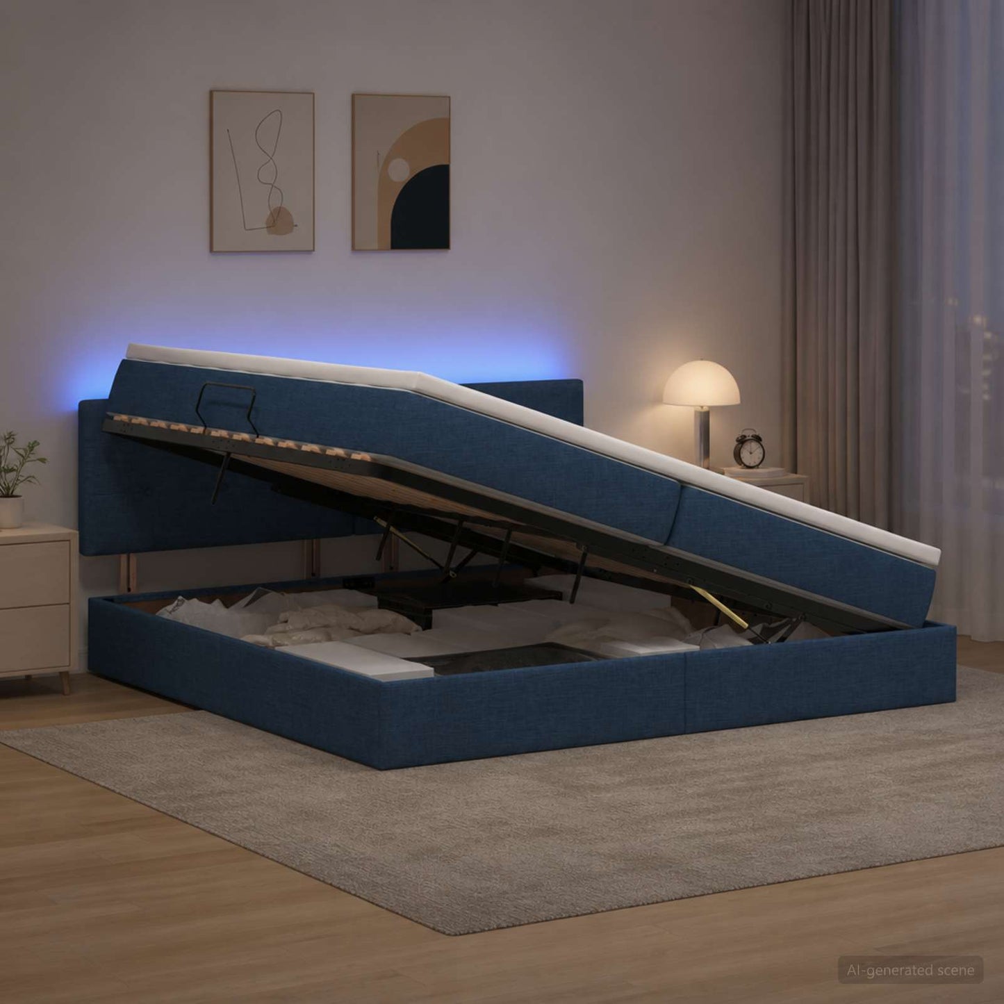 LED tárolós ágy matraccal Kék 200 x 200 cm Szövet