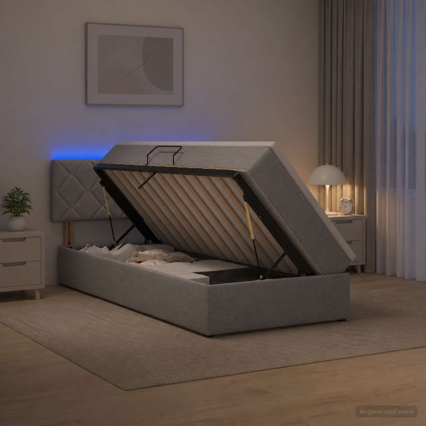 LED tárolós ágy matraccal Világosszürke 90 x 190 cm Szövet
