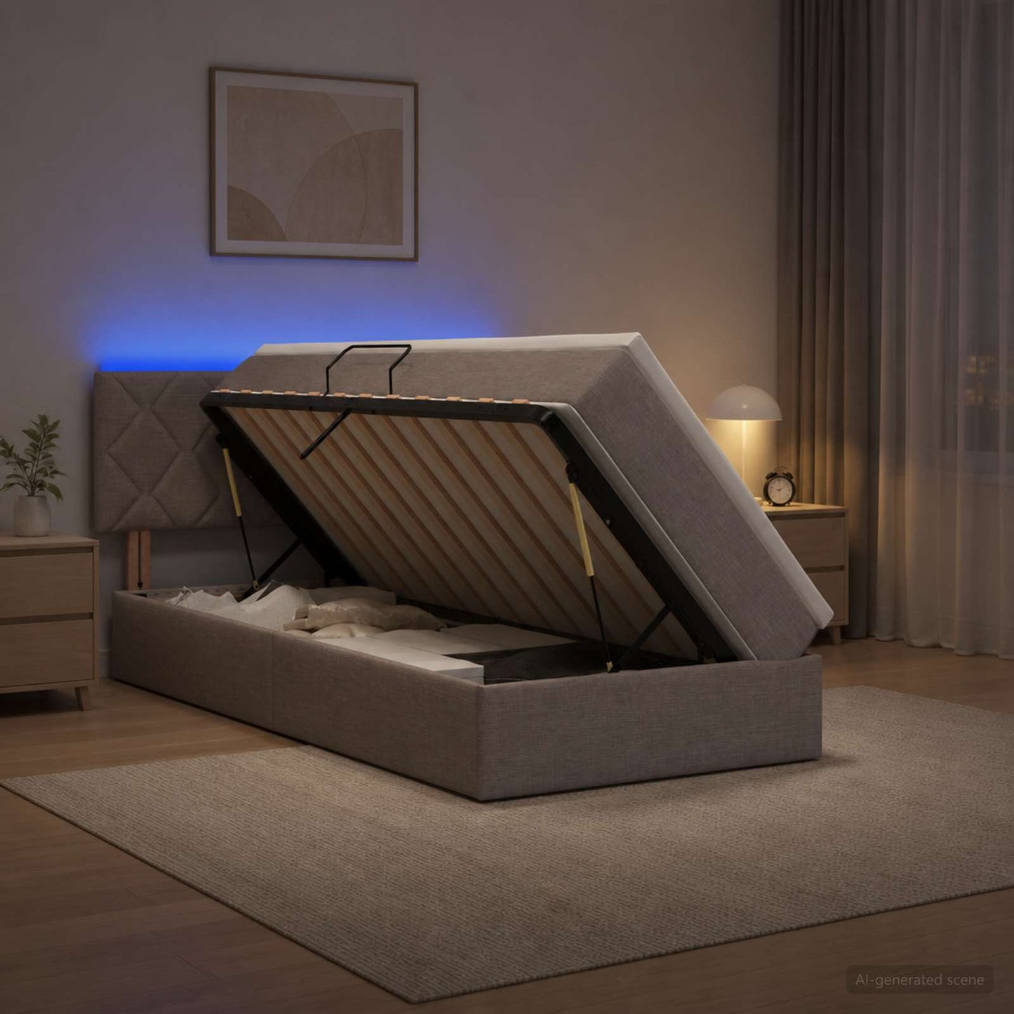 LED tárolós ágy matraccal Tópszínű 100 x 200 cm Szövet