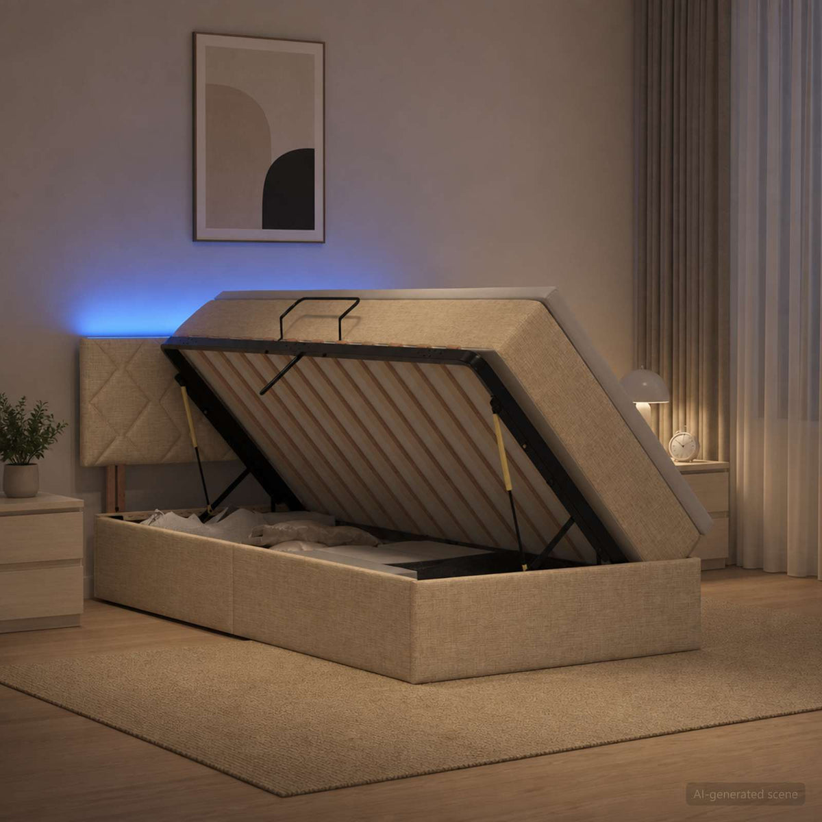 LED tárolós ágy matraccal Krémszínű 90 x 190 cm Szövet