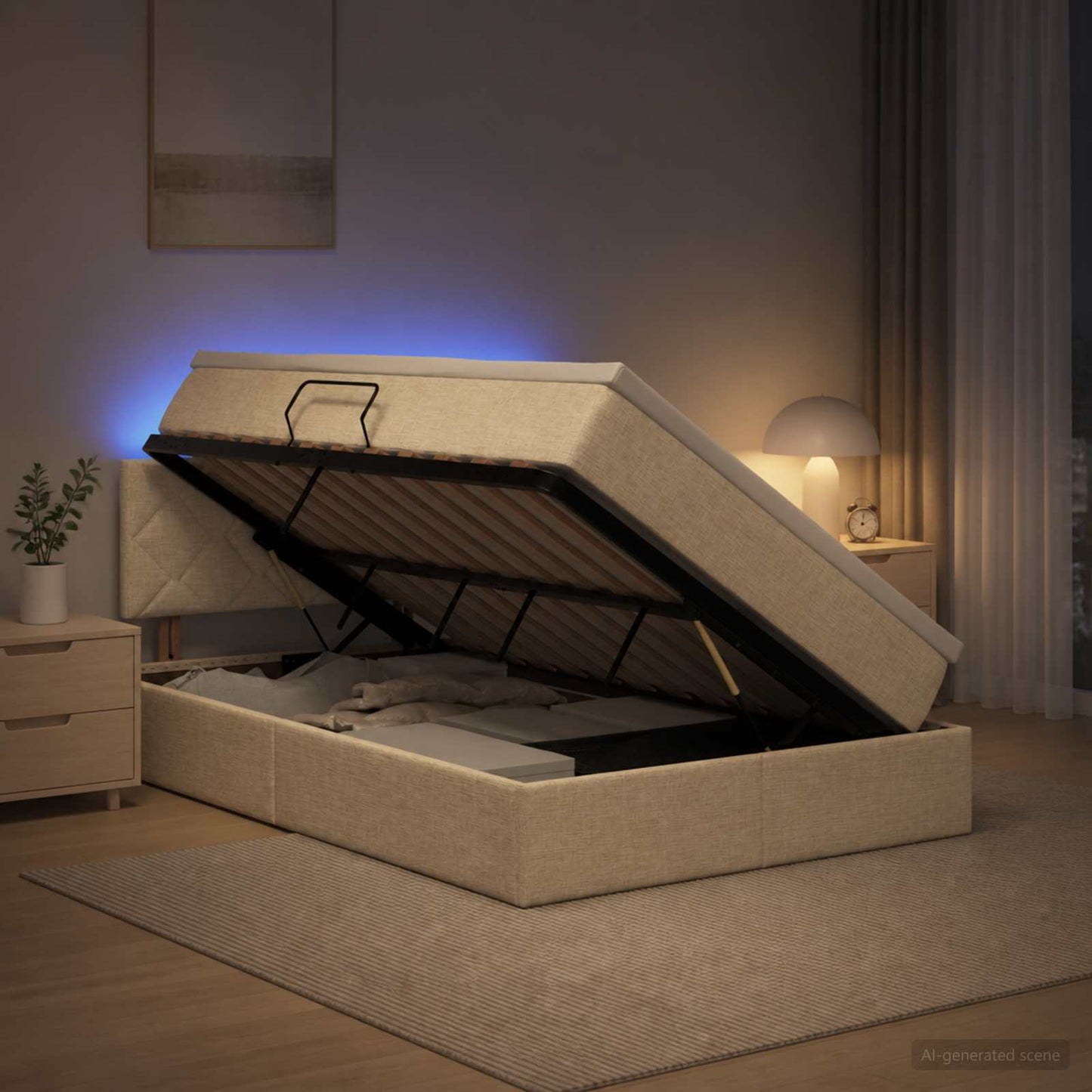 LED tárolós ágy matraccal Krémszínű 120 x 190 cm Szövet