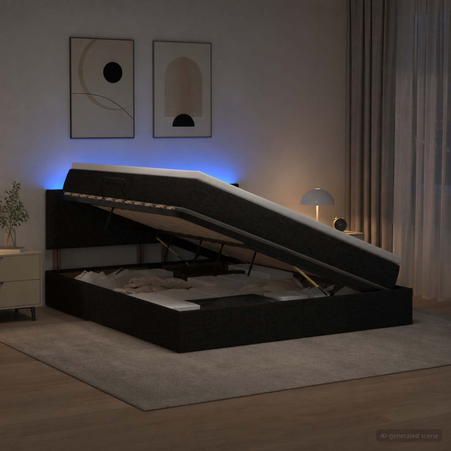 LED tárolós ágy matraccal Fekete 180 x 200 cm Szövet