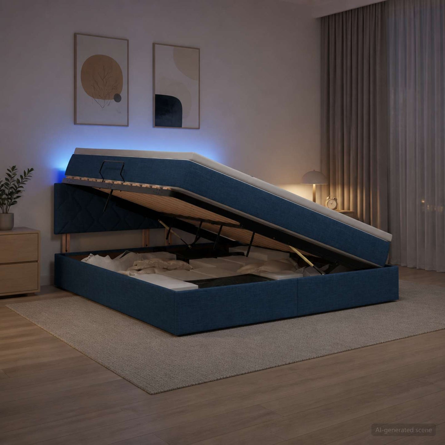 LED tárolós ágy matraccal Kék 180 x 200 cm Szövet