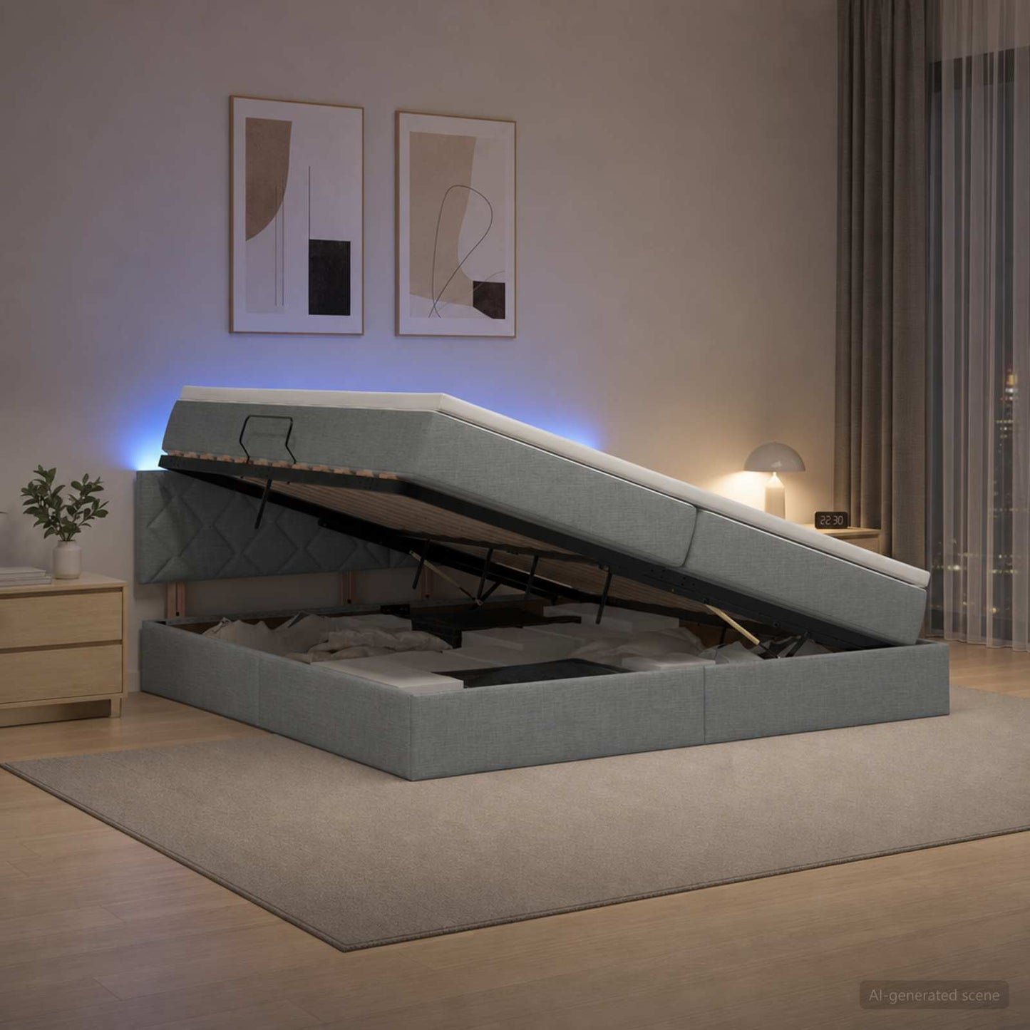 LED tárolós ágy matraccal Világosszürke 200 x 200 cm Szövet