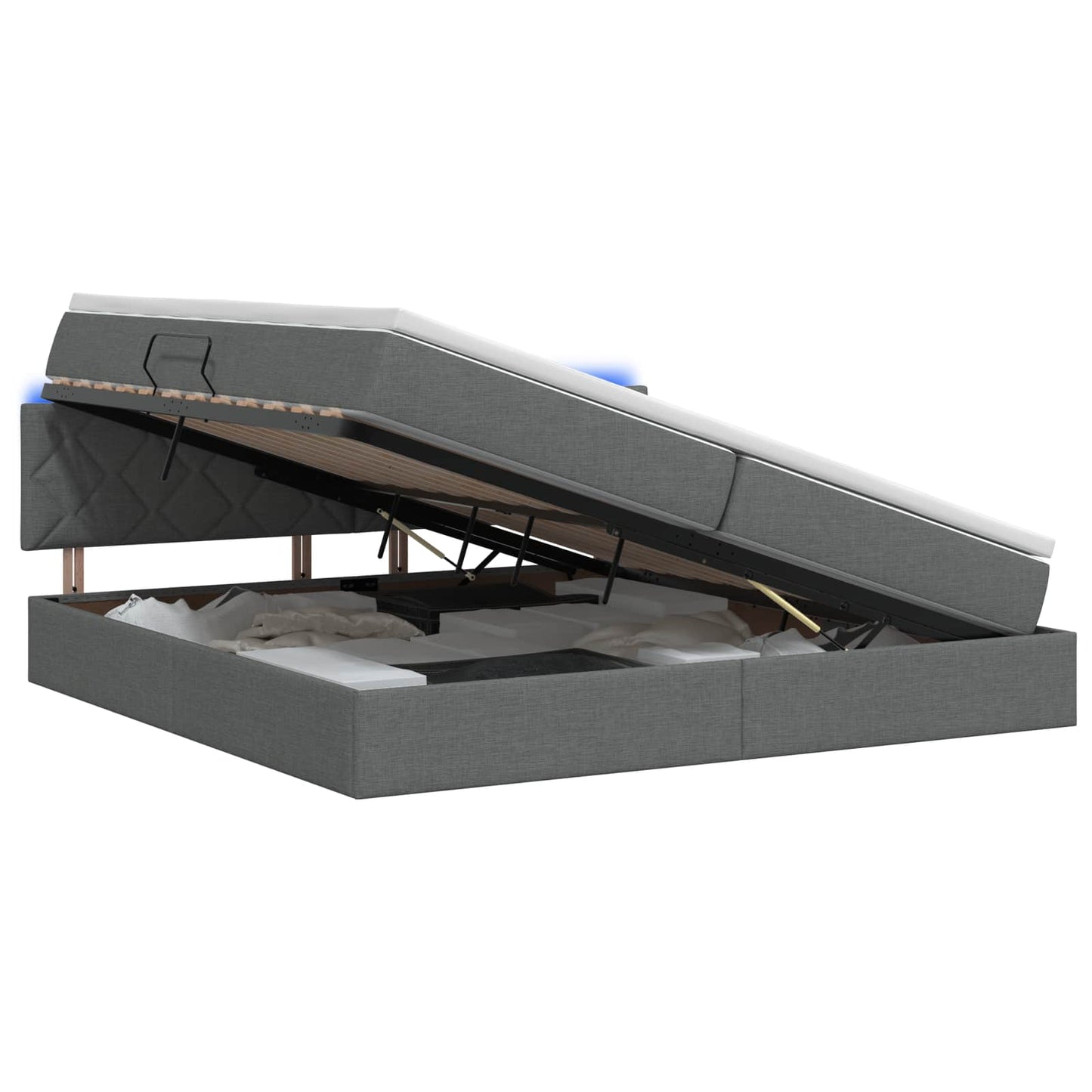 LED tárolós ágy matraccal Sötétszürke 200 x 200 cm Szövet