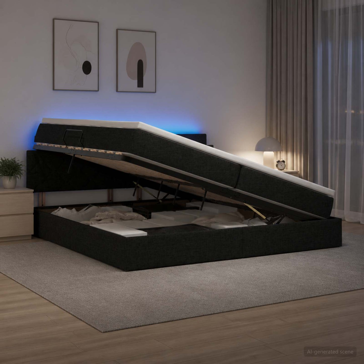 LED tárolós ágy matraccal Fekete 200 x 200 cm Szövet