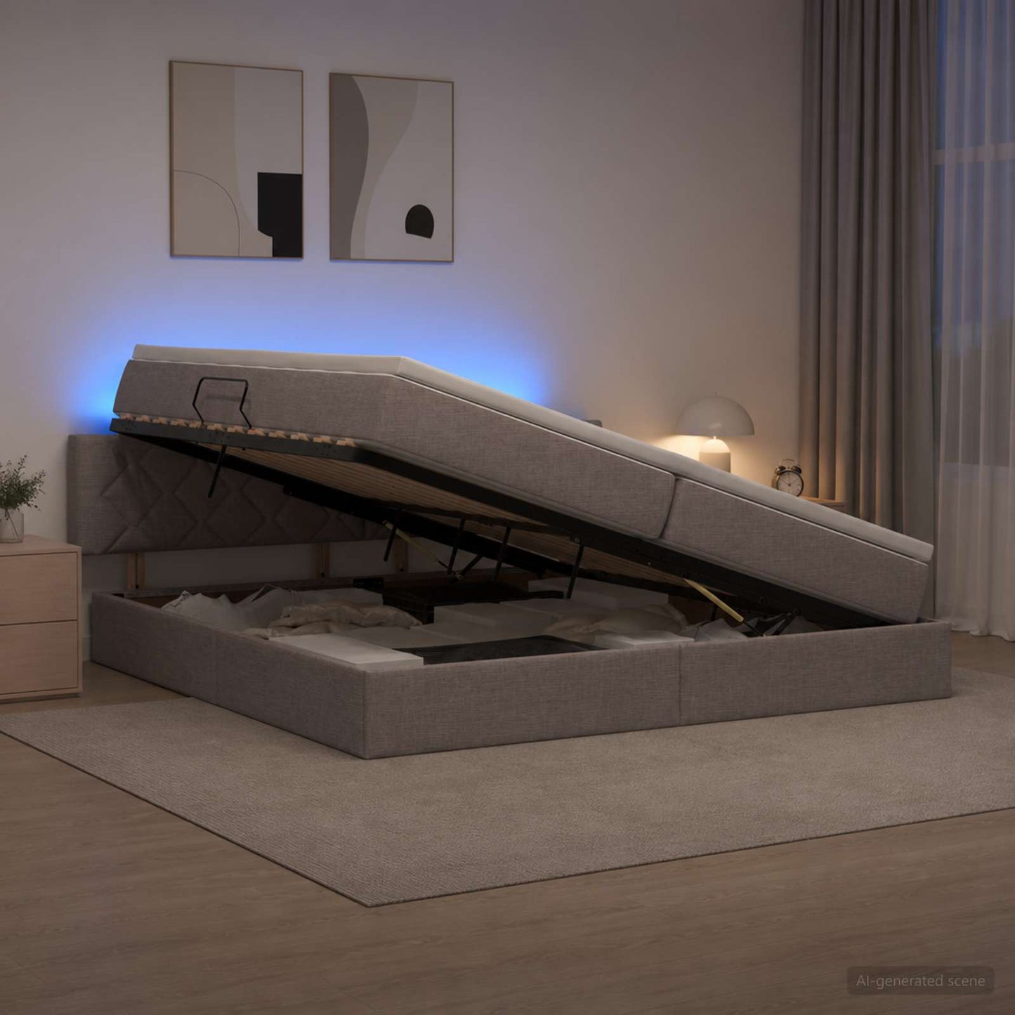 LED tárolós ágy matraccal Tópszínű 200 x 200 cm Szövet