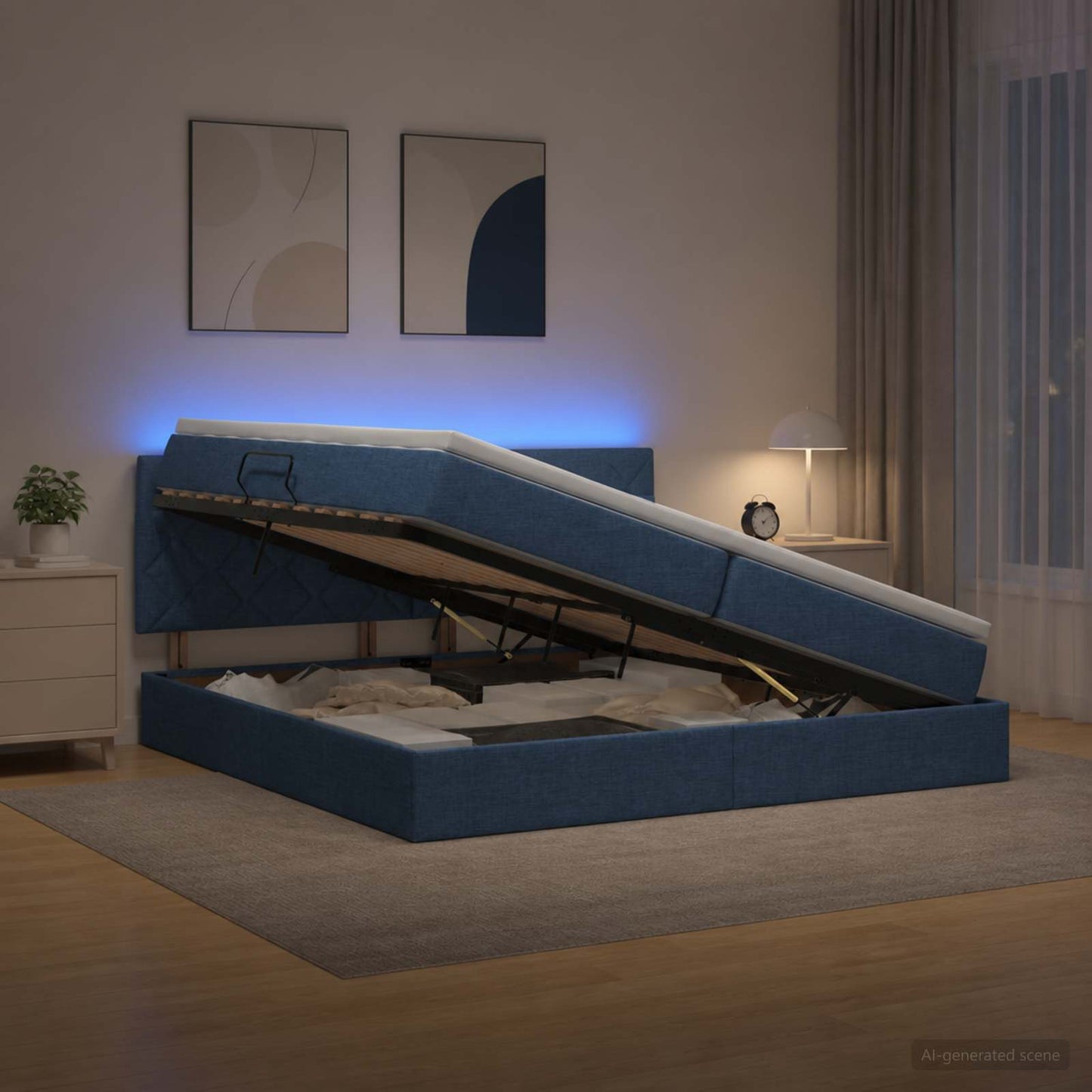 LED tárolós ágy matraccal Kék 200 x 200 cm Szövet