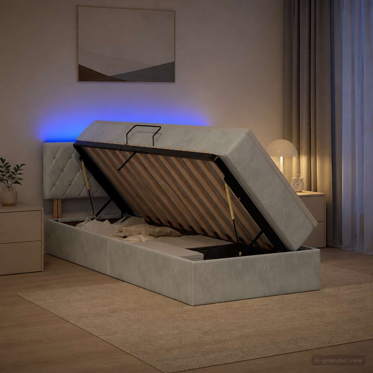 LED tárolós ágy matraccal Világosszürke 100 x 200 cm Bársony