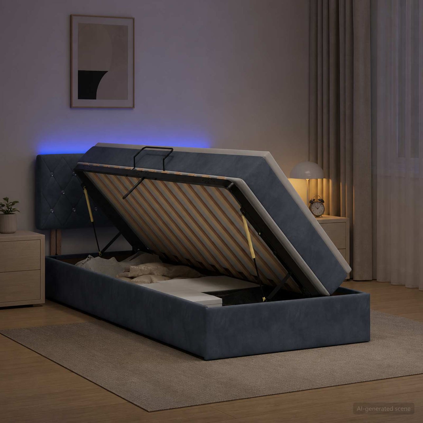 LED tárolós ágy matraccal Sötétszürke 90 x 200 cm Bársony