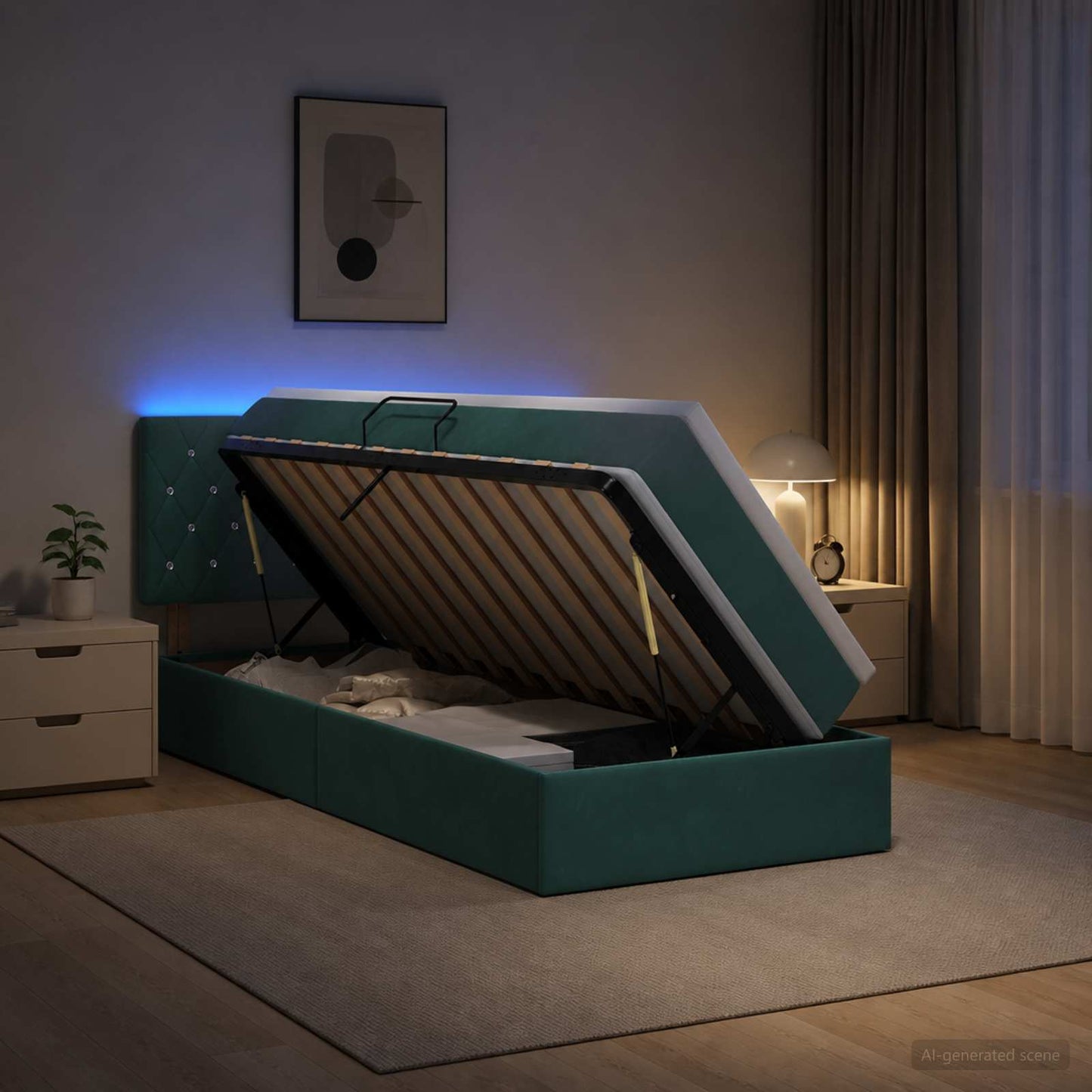 LED tárolós ágy matraccal Sötétzöld 100 x 200 cm Bársony