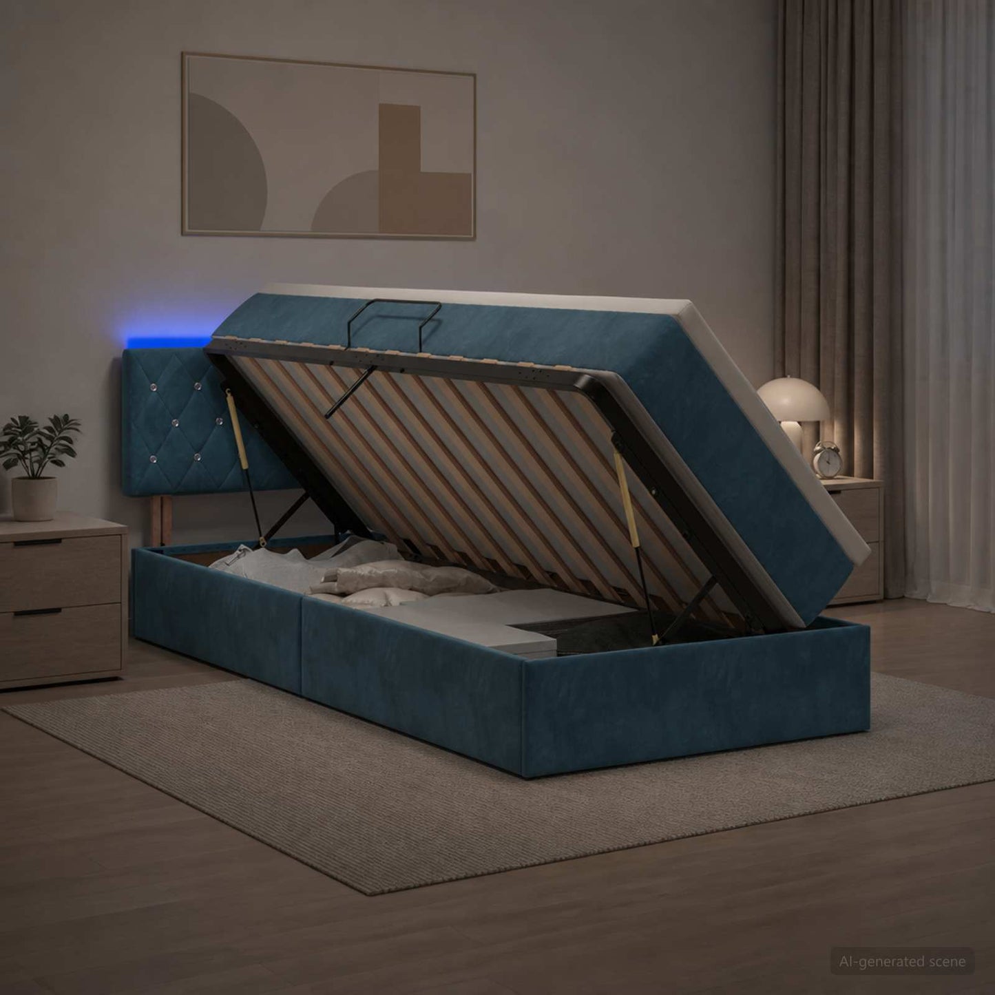 LED tárolós ágy matraccal Sötét kék 90 x 200 cm Bársony