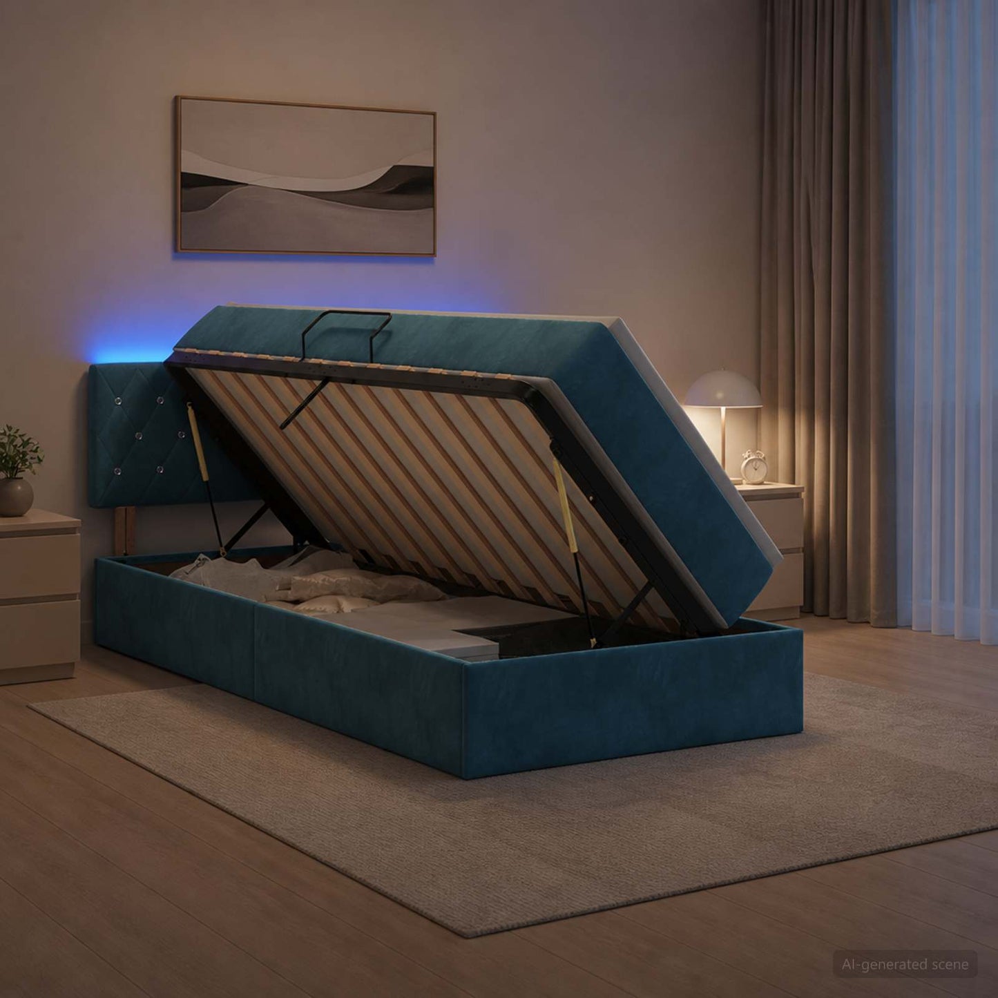 LED tárolós ágy matraccal Sötét kék 100 x 200 cm Bársony